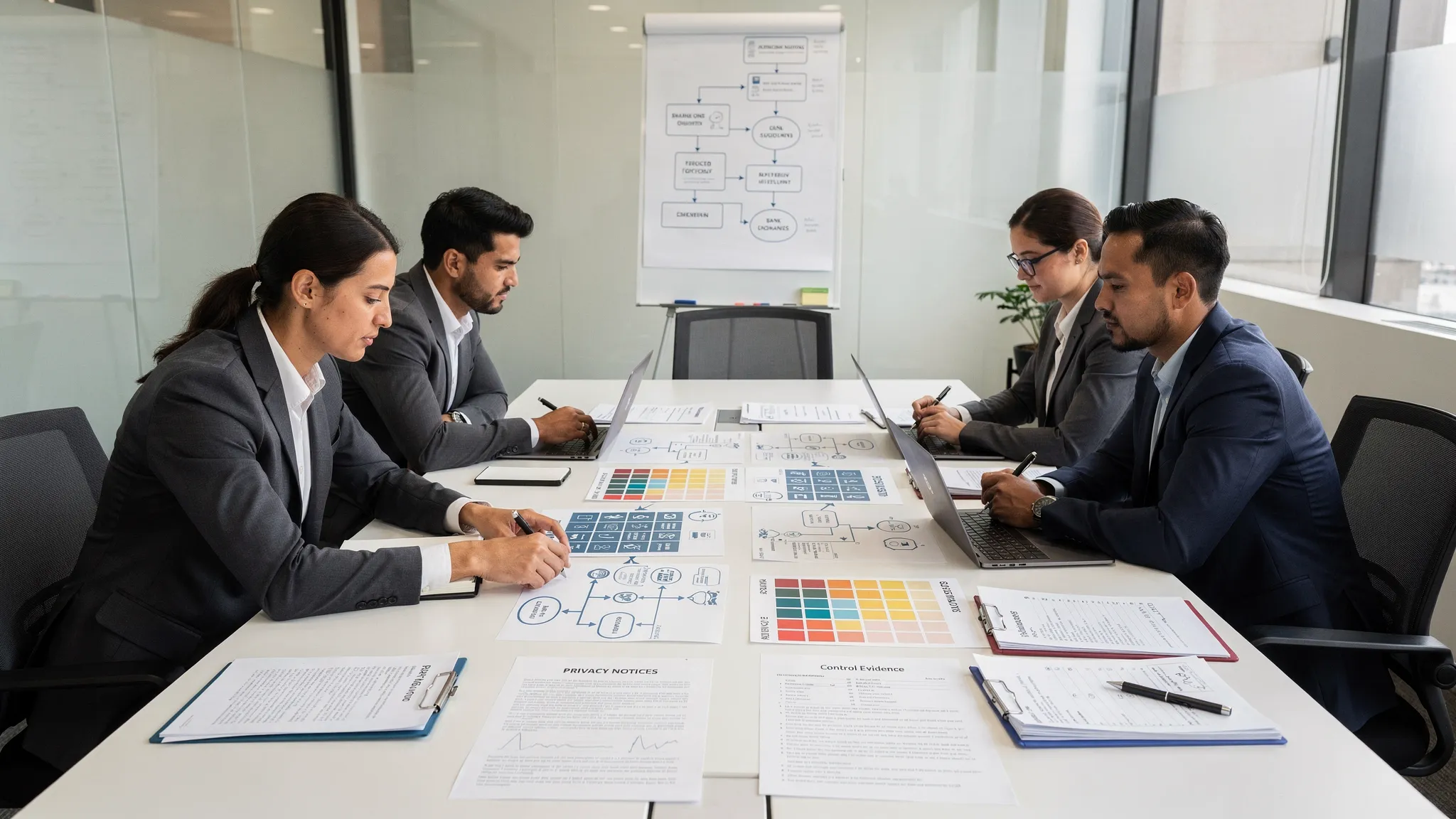 A compliance team reviewing printed data flow maps, risk ratings, privacy notices, and control evidence on a conference table in a professional office.