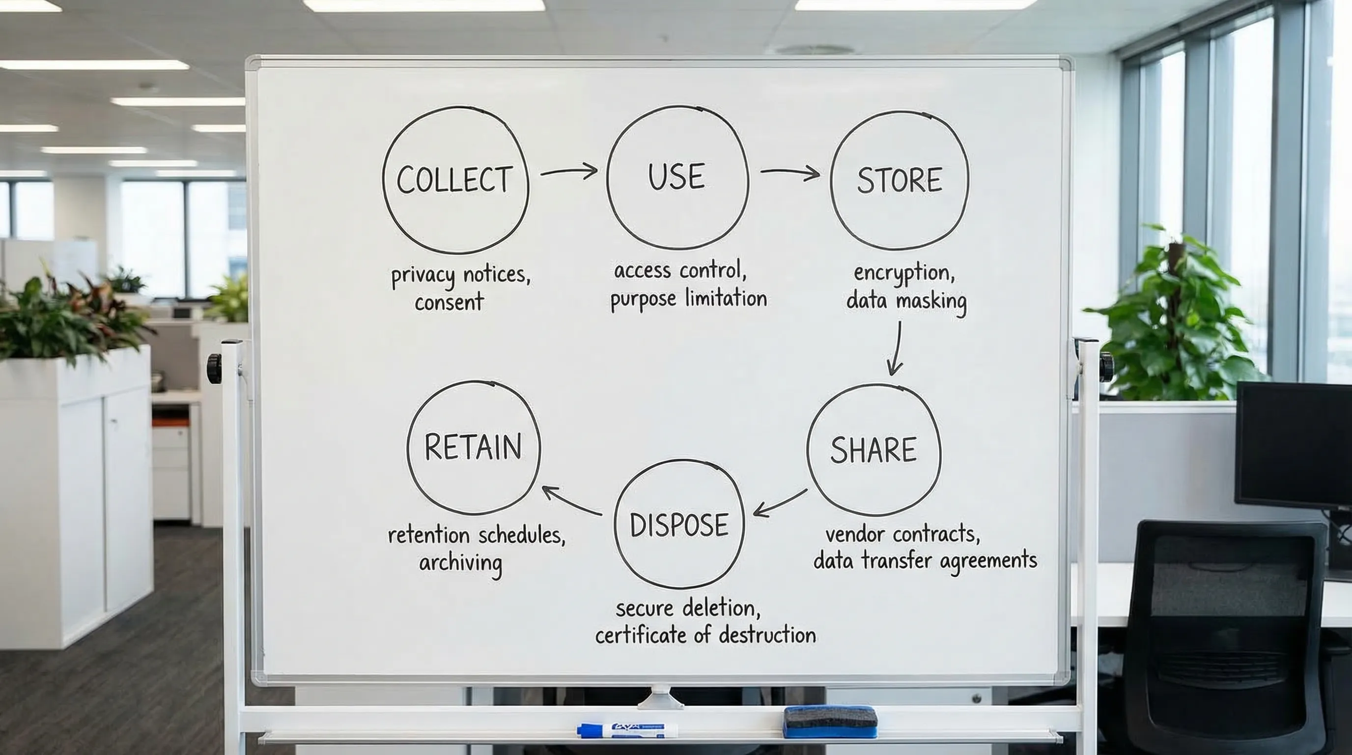 A simple end-to-end customer data lifecycle diagram showing six stages: Collect, Use, Store, Share, Retain, Dispose, with example controls under each stage such as privacy notices, access control, encryption, vendor contracts, retention schedules, an...