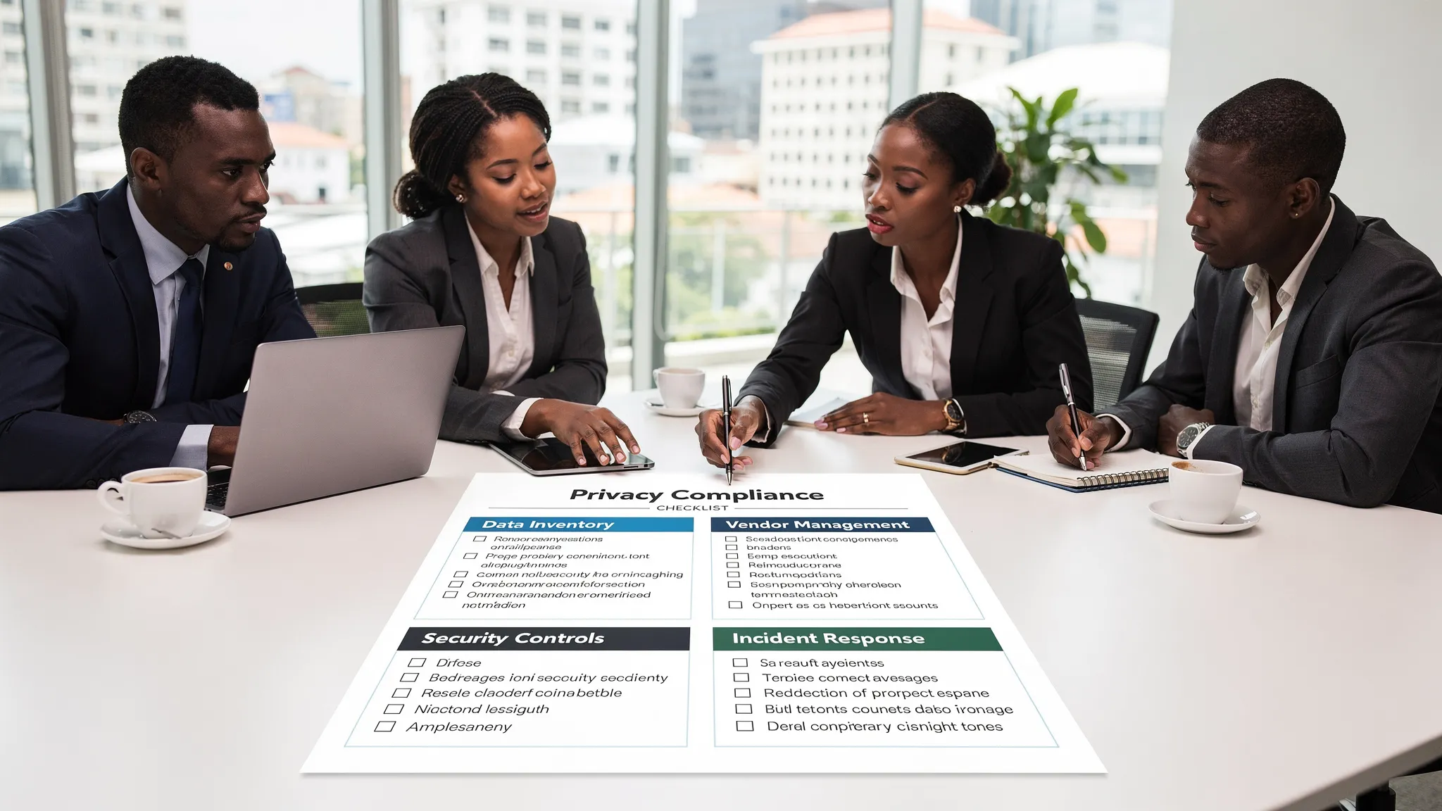 A Jamaican business team reviewing a privacy compliance checklist on a printed worksheet at a meeting table, with clearly labeled sections such as data inventory, vendor management, security controls, and incident response.