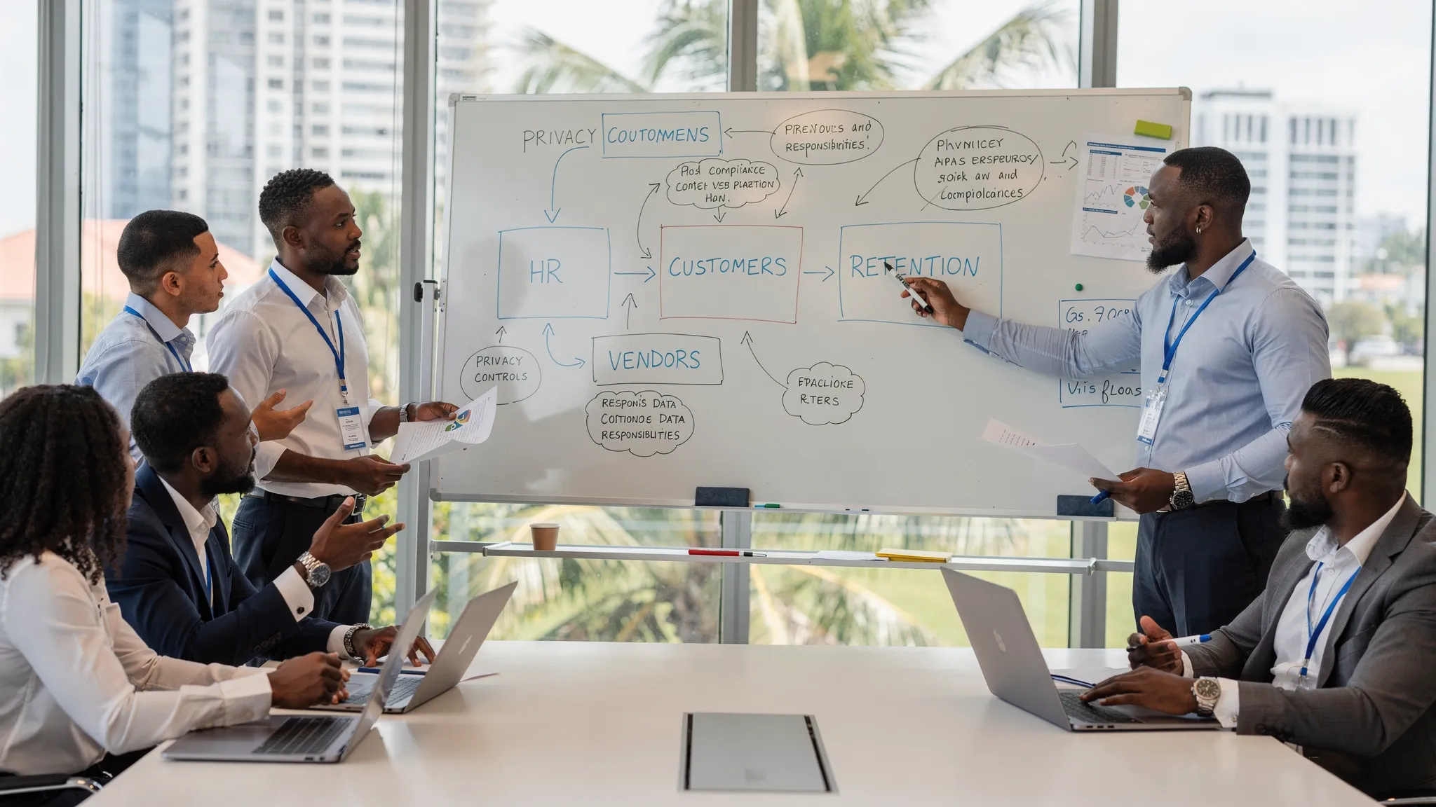 A compliance and IT team in a Jamaican office reviewing a simple data flow map on a whiteboard, with documents labeled “HR”, “Customers”, “Vendors”, and “Retention”, discussing privacy controls and responsibilities.