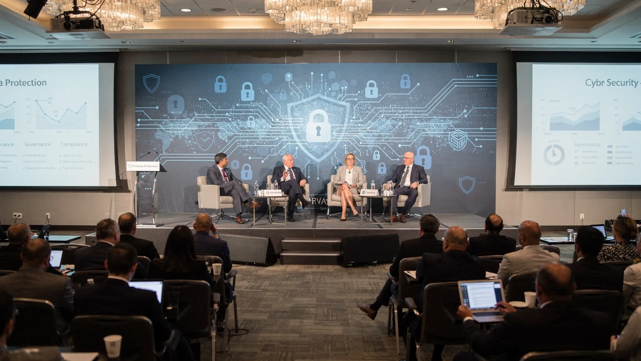 A professional privacy summit with a panel discussion, attendees listening, and visual themes of data protection, governance, cyber security, and compliance.