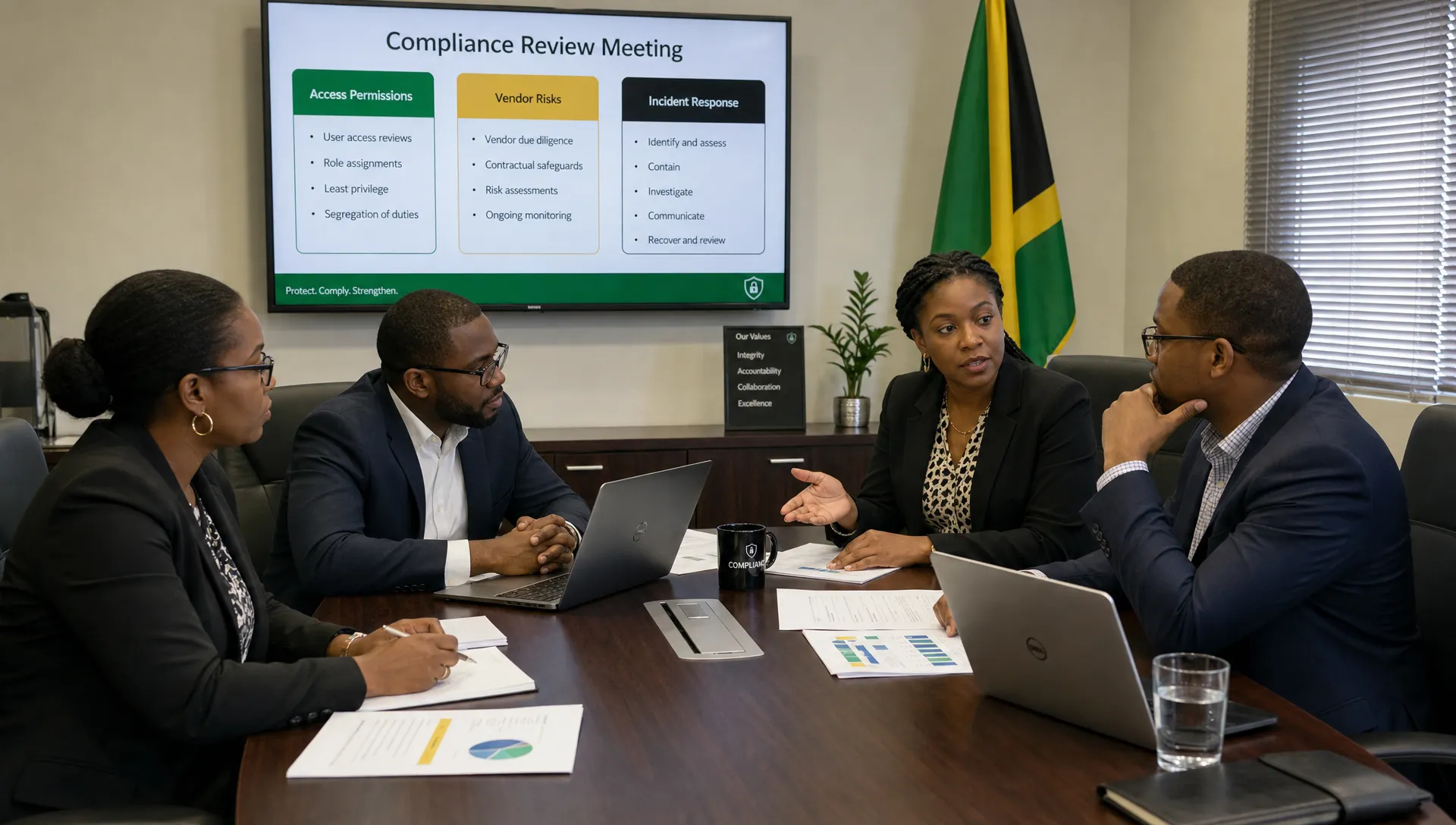 A Jamaican compliance team reviews access permissions, vendor risks, and incident response steps on a conference table.