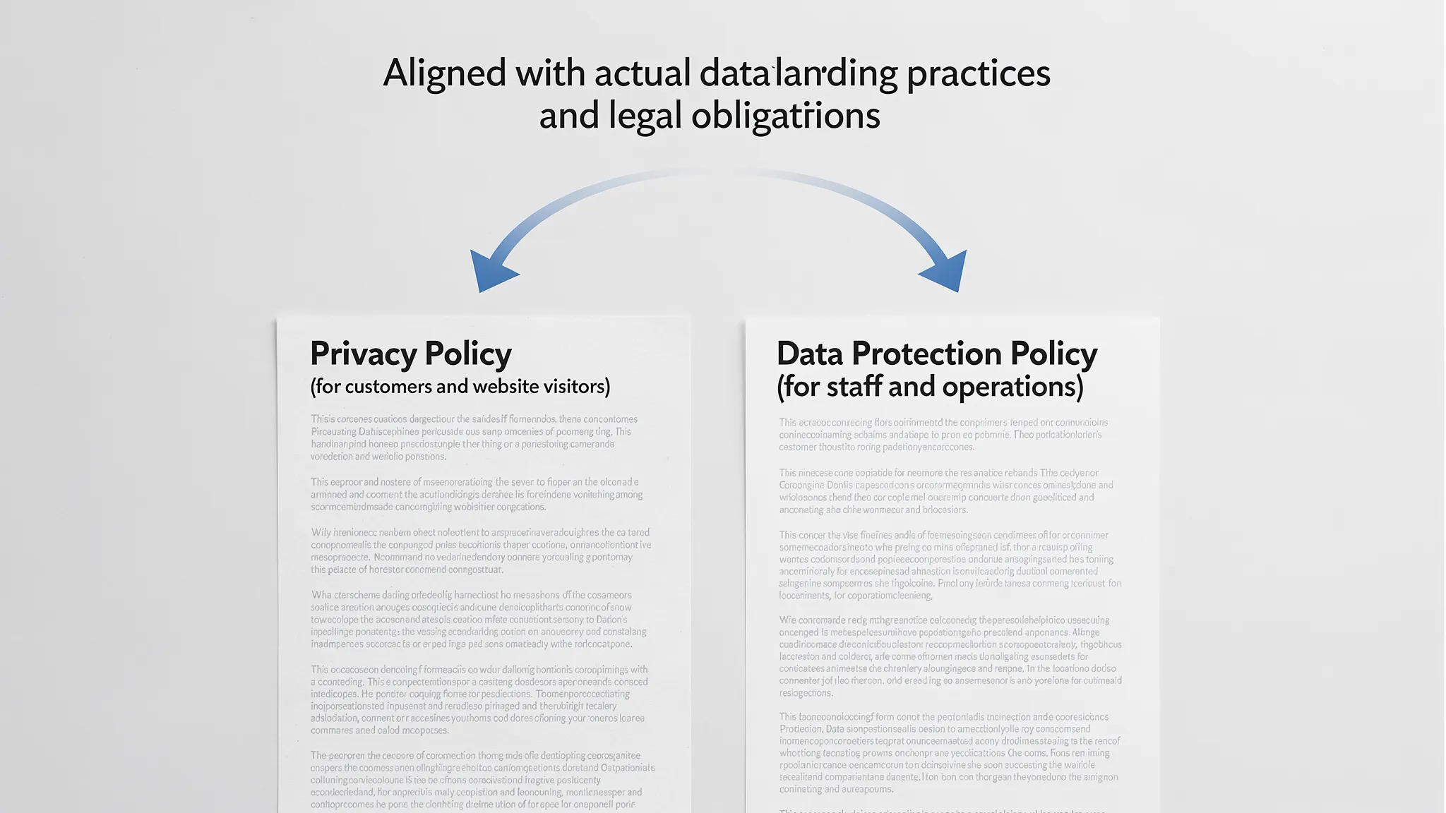 A simple side-by-side visual showing two documents: an external-facing “Privacy Policy (for customers and website visitors)” and an internal “Data Protection Policy (for staff and operations)”, with arrows indicating that both are aligned to the orga...