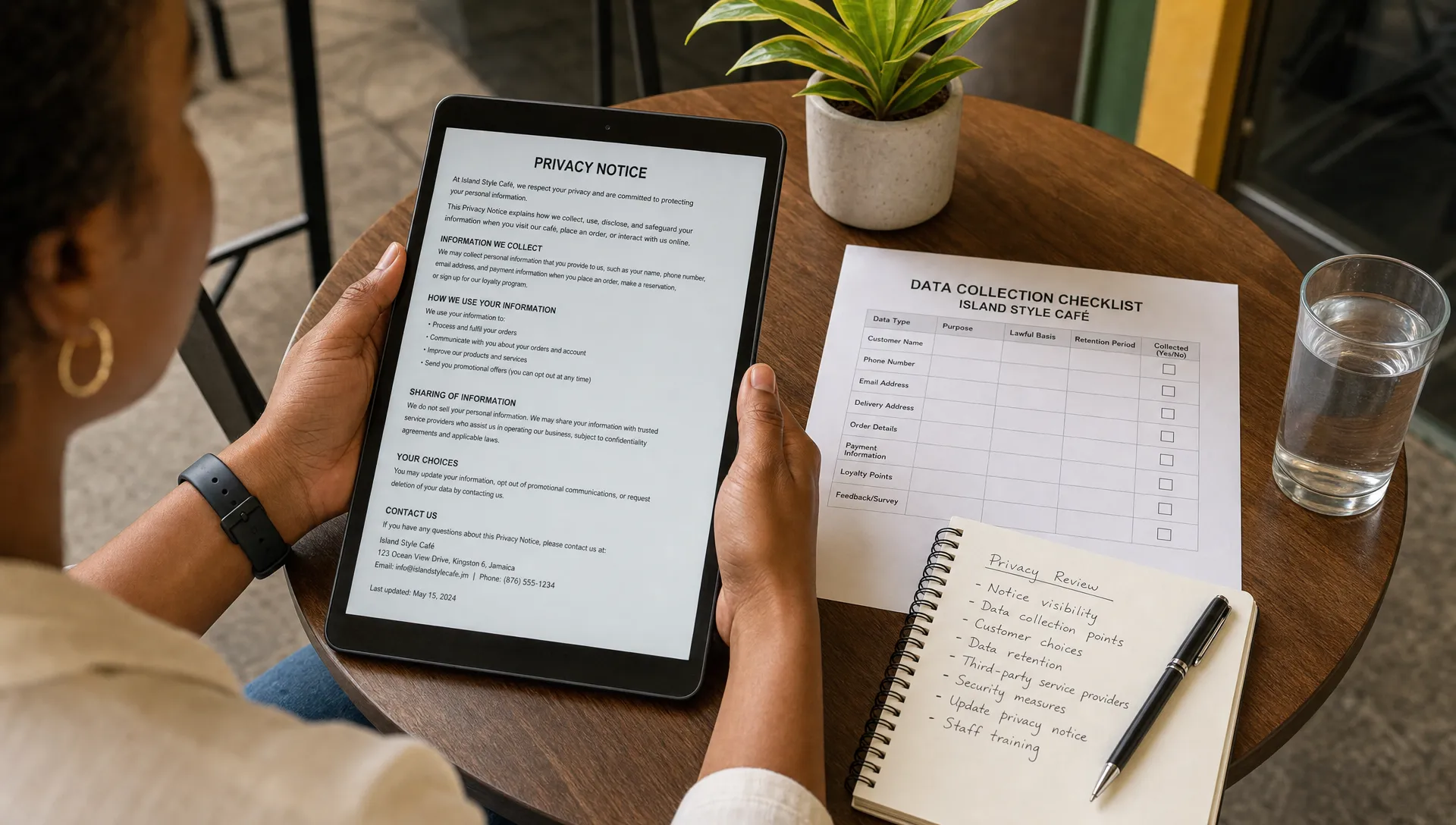 A person reviewing a clear privacy notice on a tablet at a small café table, with a printed checklist of data collection points beside it and a notebook, pen, and water glass nearby.