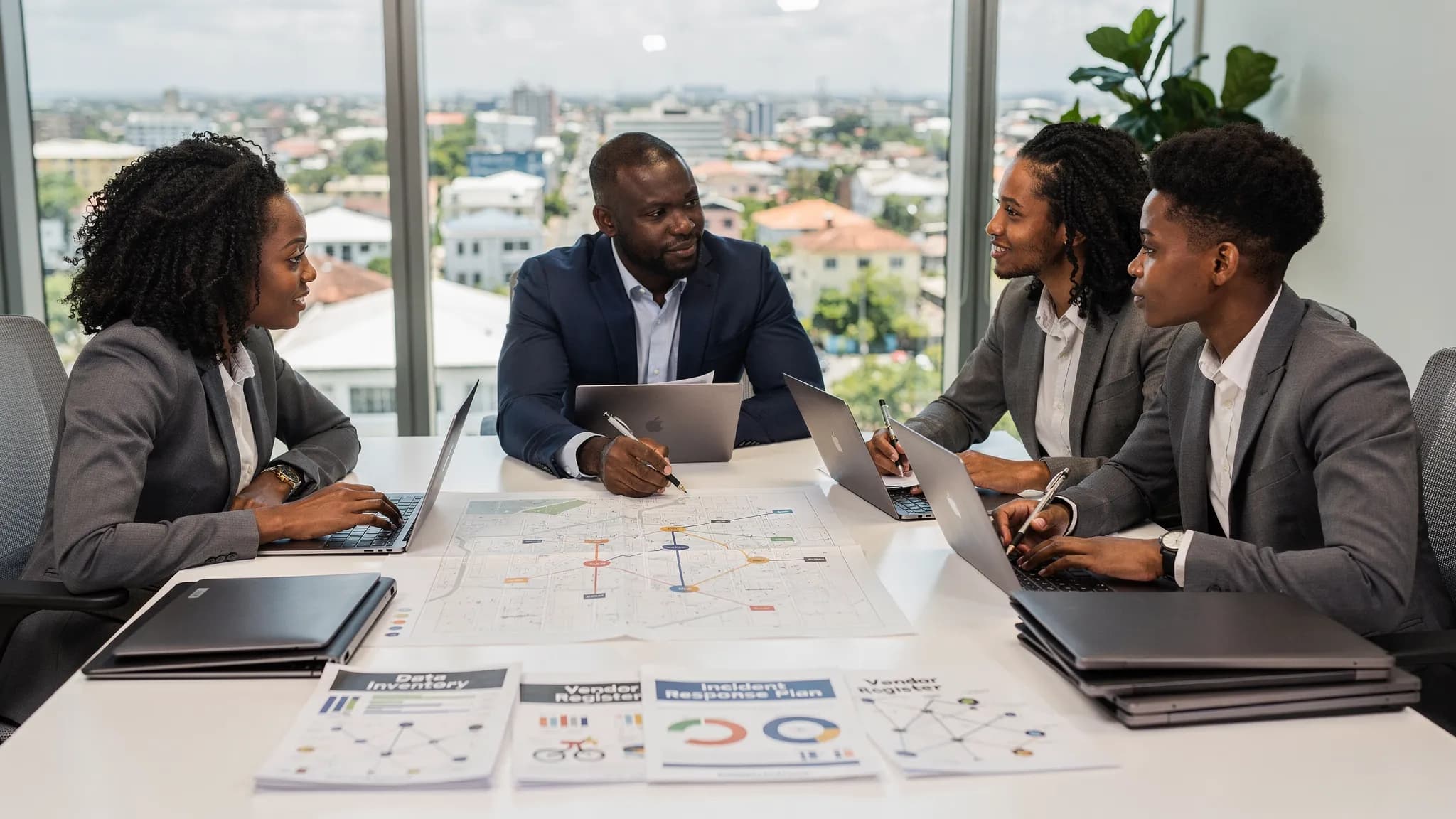A Jamaican business team in a meeting room reviewing a printed data map and risk register on a table, with laptops closed and documents clearly labelled “Data Inventory,” “Vendor Register,” and “Incident Response Plan.”