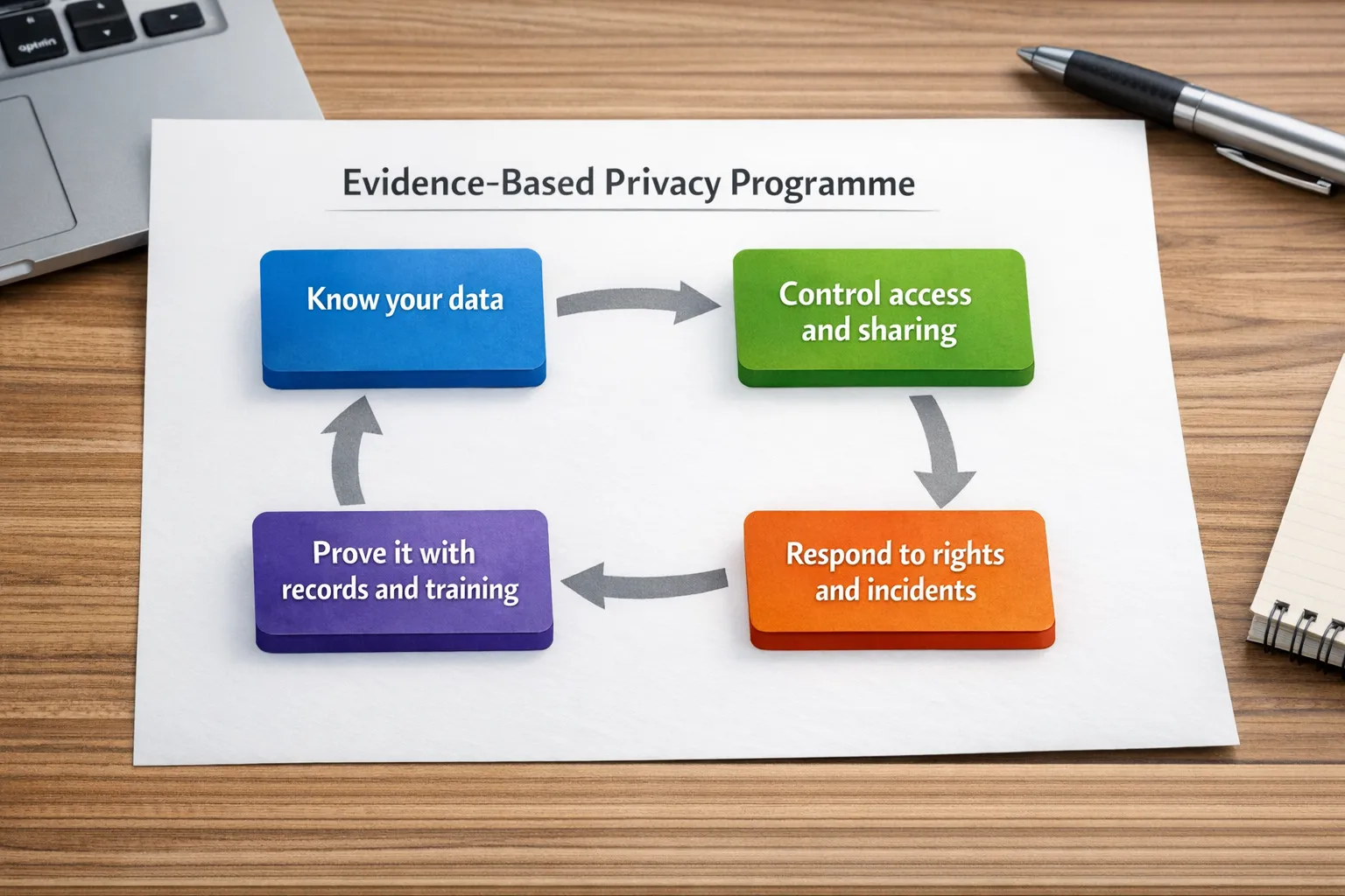 A simple diagram showing an evidence-based privacy programme with four connected blocks labeled “Know your data”, “Control access and sharing”, “Respond to rights and incidents”, and “Prove it with records and training”.
