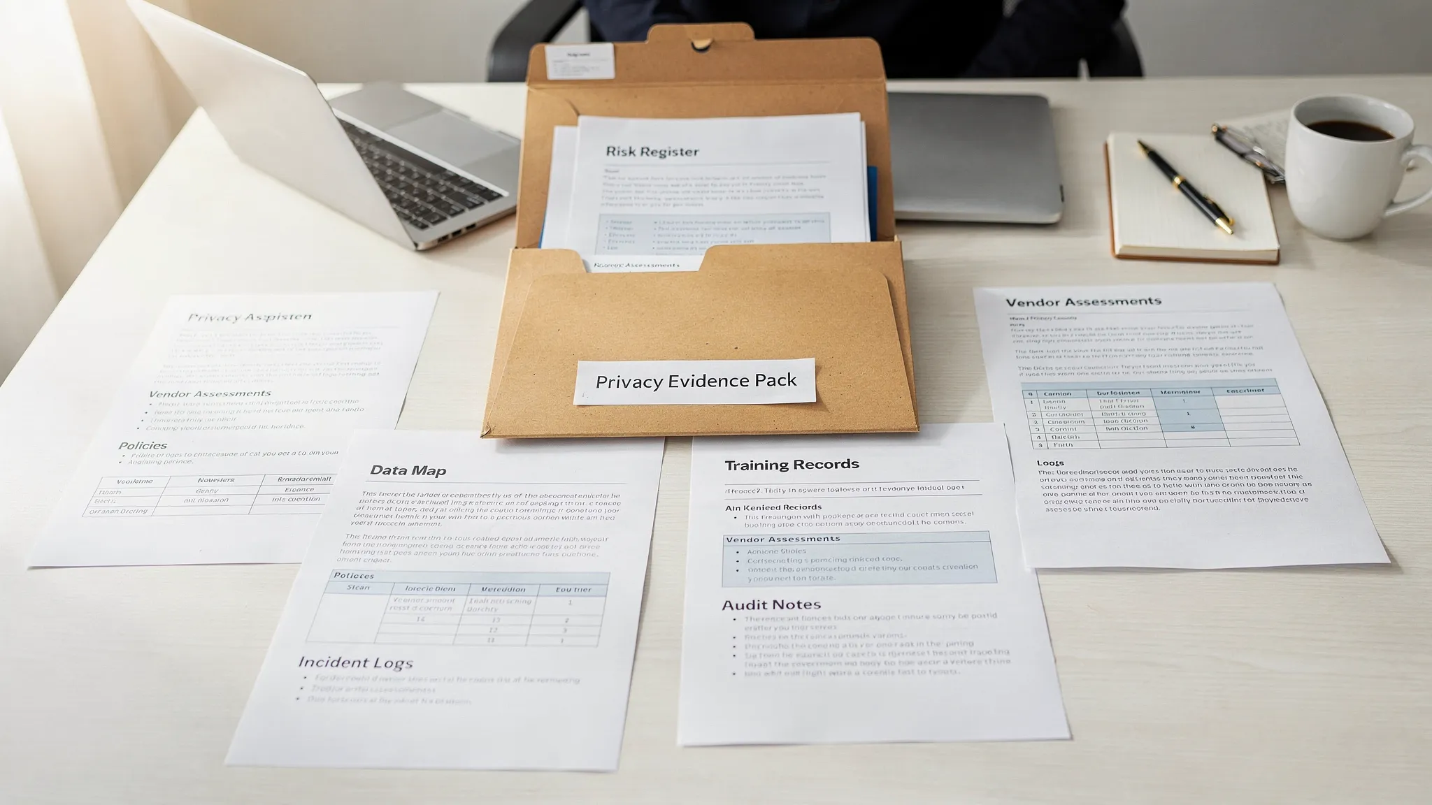 An evidence pack concept image showing a neat folder of privacy documents: risk register, data map, vendor assessments, policies, training records, incident logs, and audit notes, arranged on a desk.