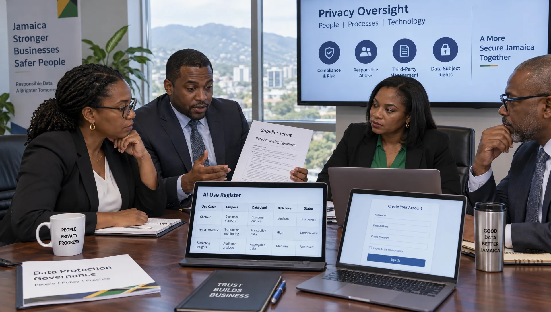 Jamaican business leaders discuss privacy oversight at a boardroom table, reviewing supplier terms, an AI use register and a customer sign-up form.