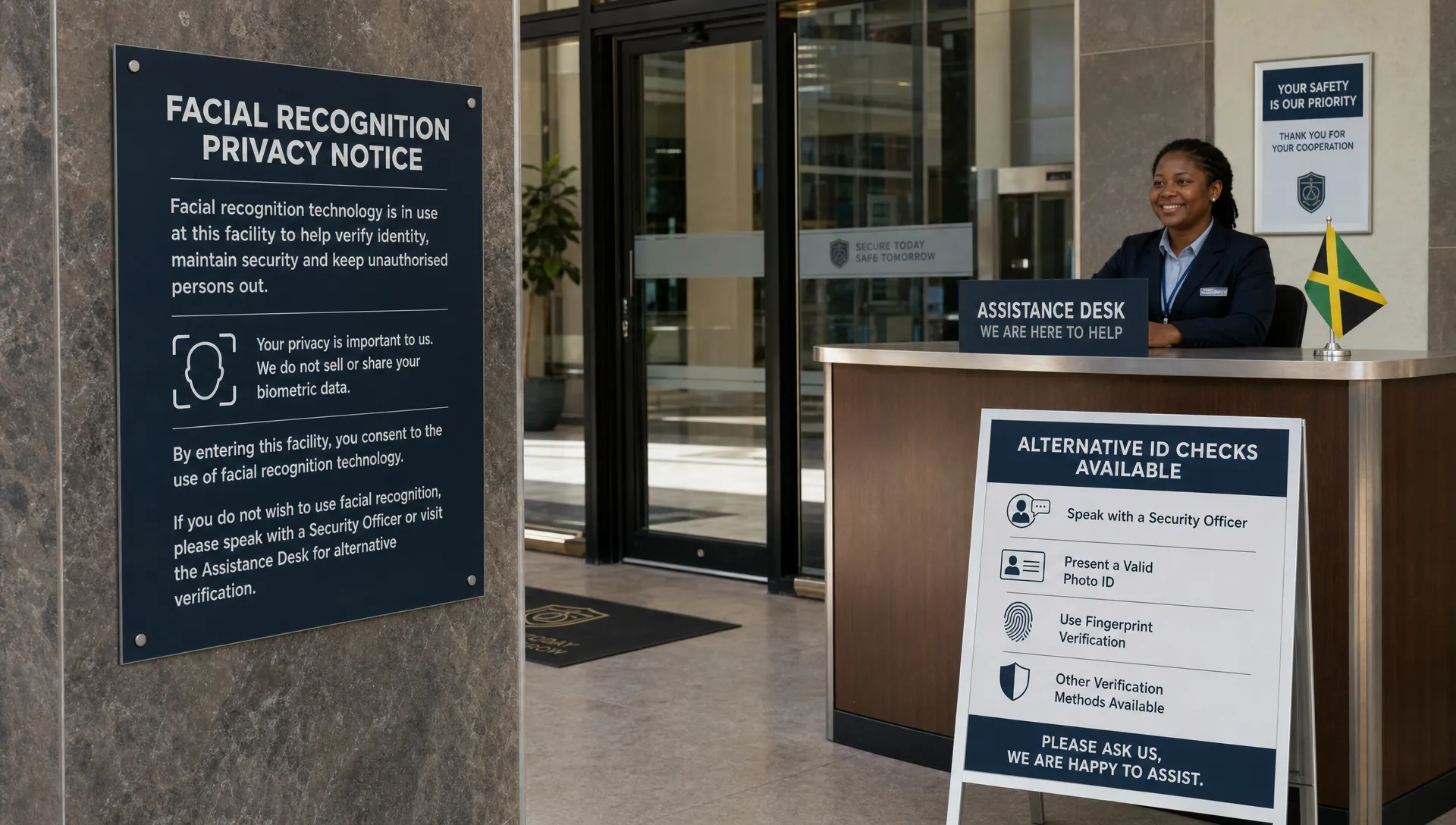 A secure building entrance shows a facial recognition privacy notice, a staffed assistance desk, and signs for alternative identity checks.