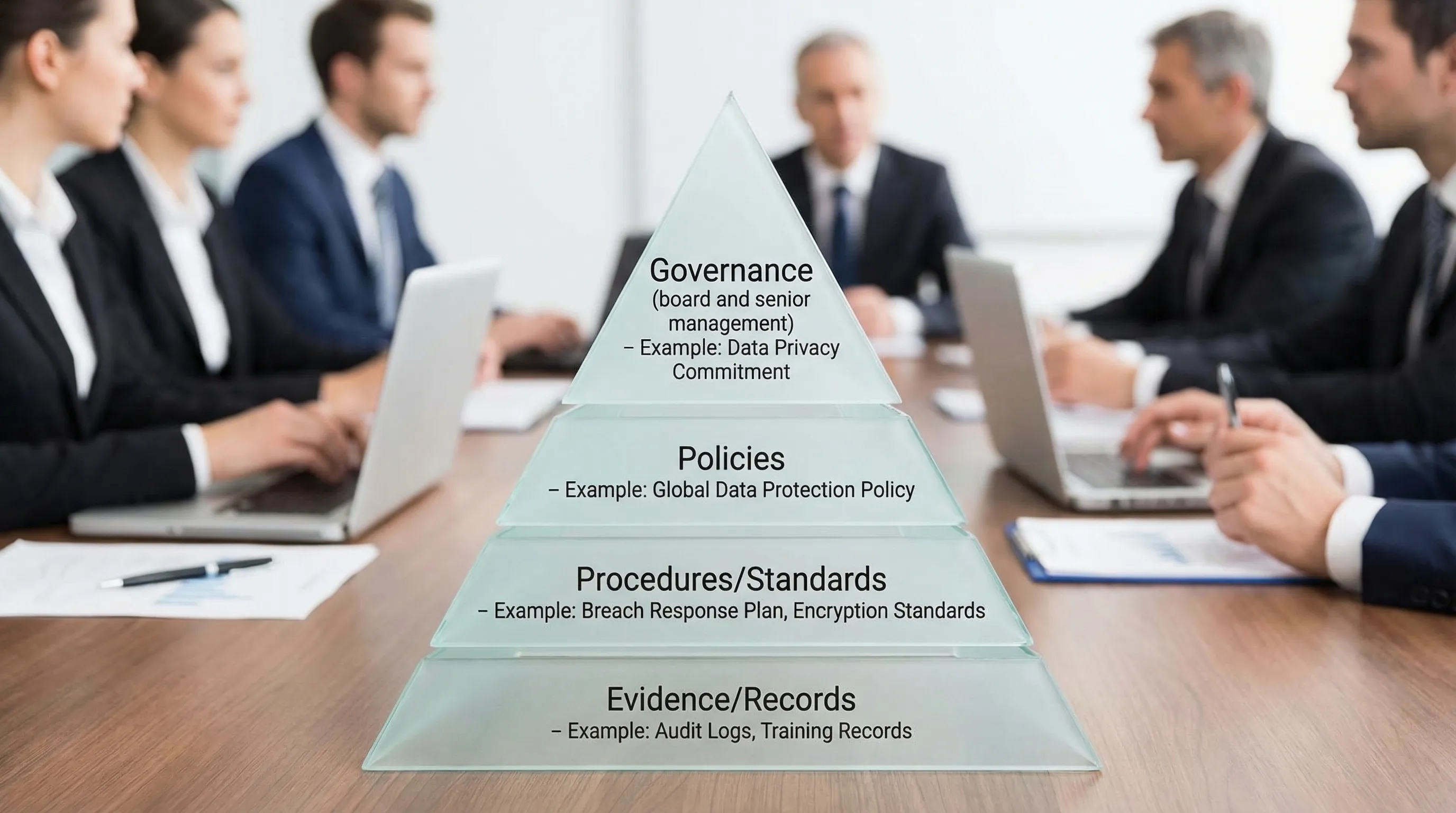 A simple “policy hierarchy” visual showing a pyramid with four layers from top to bottom: Governance (board and senior management), Policies, Procedures/Standards, and Evidence/Records, with brief examples in each layer related to data protection.