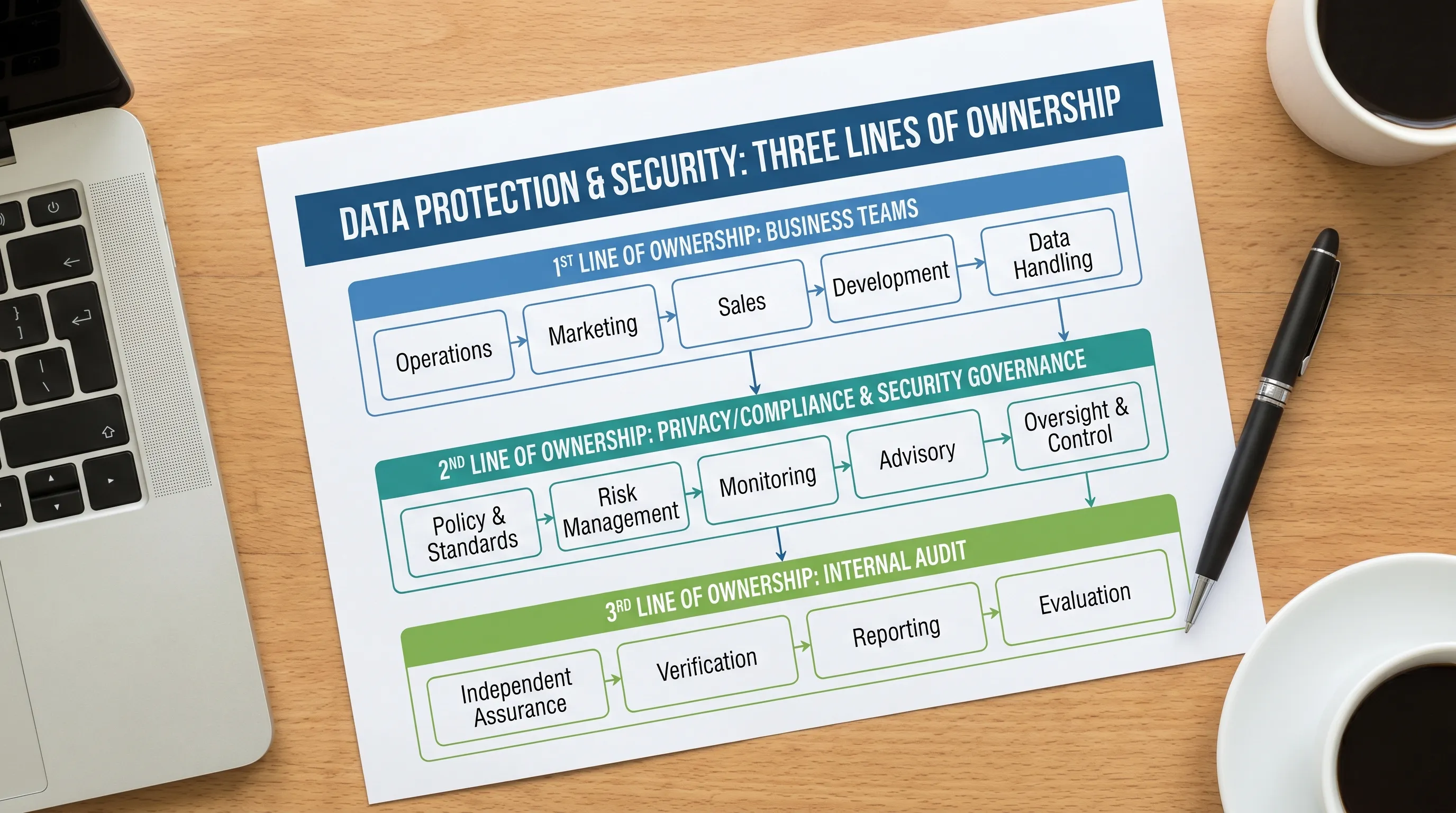 A simple organisational diagram showing three lines of ownership for data protection and data security: business teams (first line), privacy/compliance and security governance (second line), and internal audit (third line).