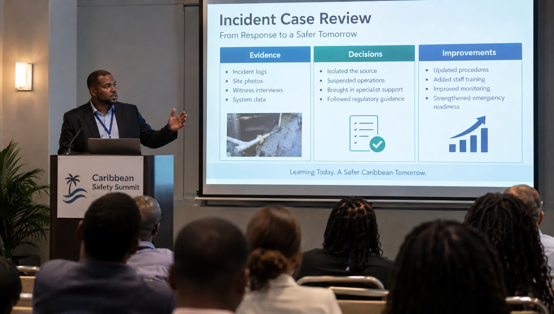 A presenter explains a fictional incident case at a conference, with the audience-facing slide focused on evidence, decisions and improvements.