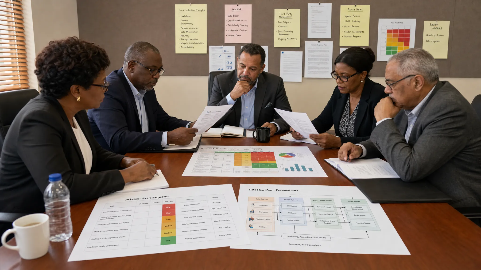 A boardroom table with directors reviewing printed risk reports, a privacy risk register, and a simple data flow chart showing personal data moving between internal teams, vendors, and cloud services, with a wall of pinned notes in the background and...