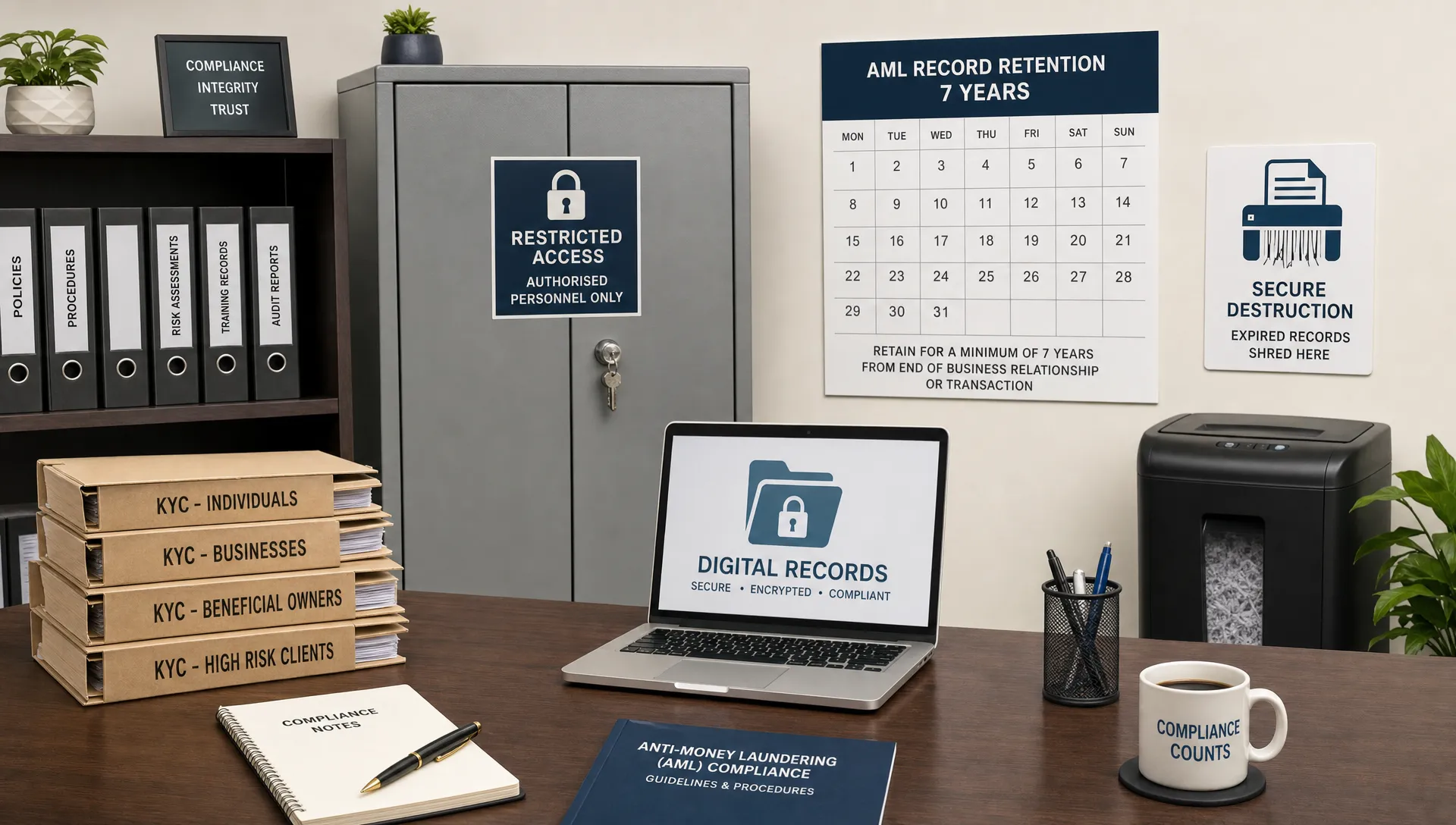 A compliance workspace shows labelled KYC files, a locked storage cabinet, a seven-year calendar, a digital records icon and a shredder for AML retention.