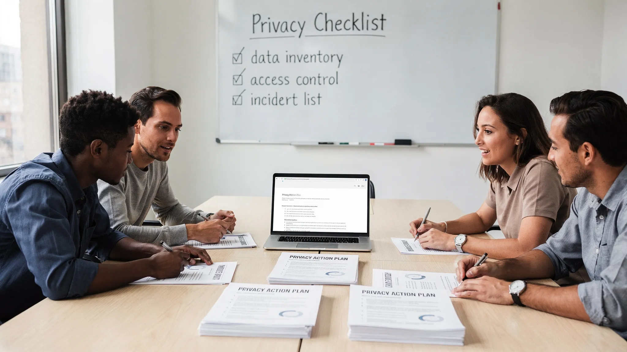 A small business team in a meeting room reviewing a simple privacy action plan on printed pages, with a laptop open on the table facing the team, and a whiteboard showing a basic checklist: data inventory, access control, vendor list, incident plan.