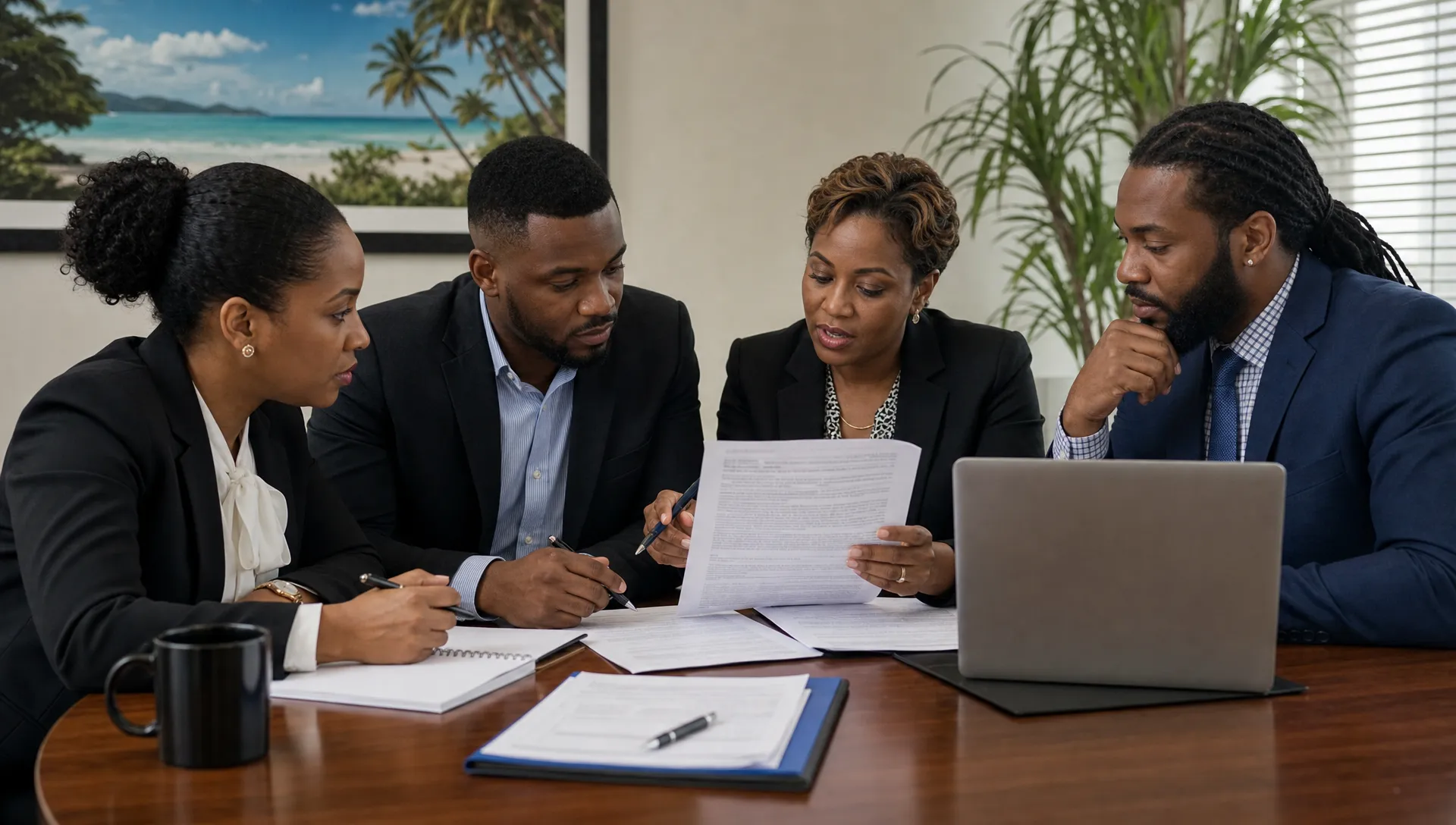 A Jamaican business team reviews privacy clauses at a meeting table with contract papers and a laptop.