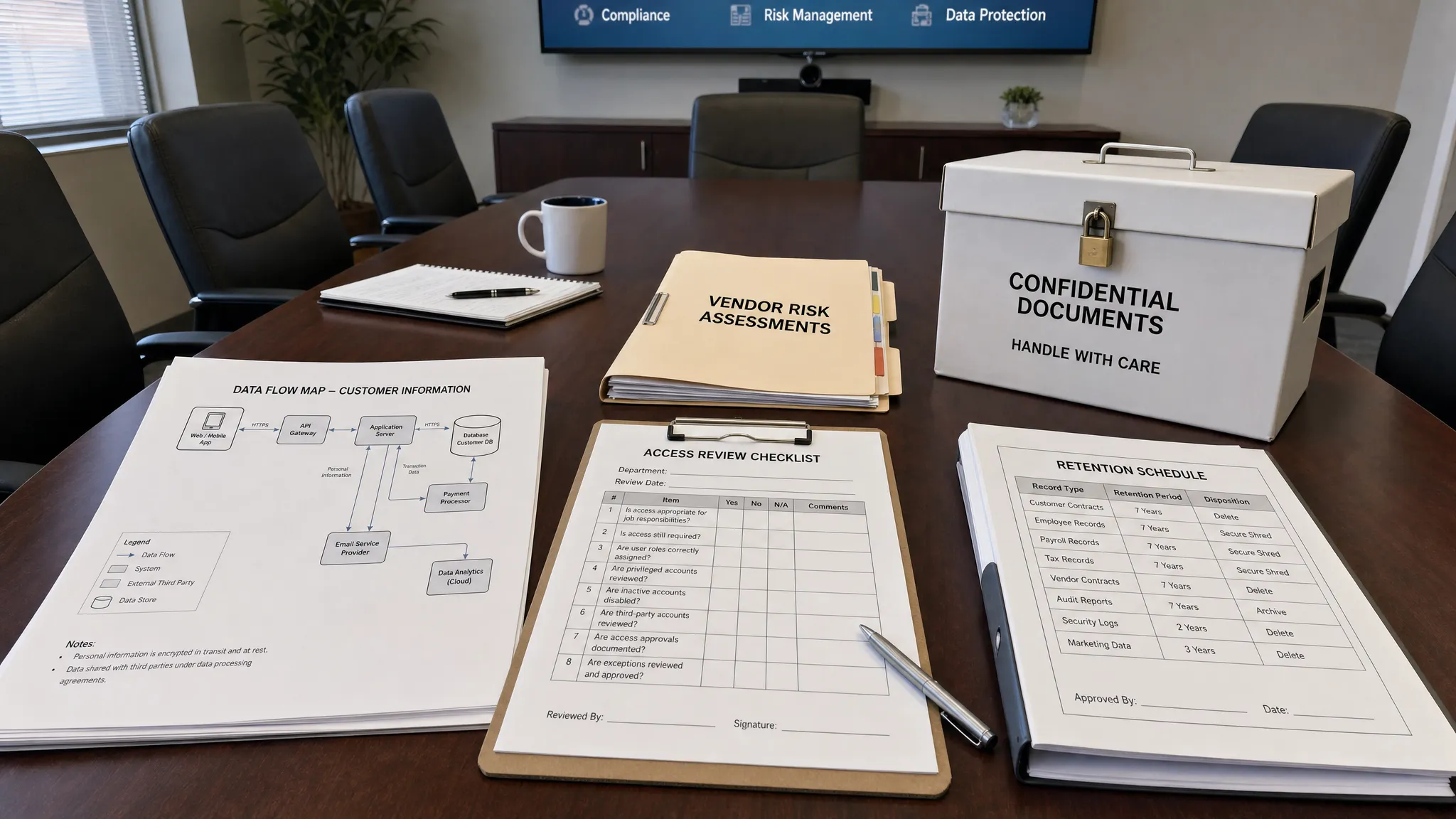 A conference room table arranged with printed data flow maps, access review checklists, vendor risk folders, retention schedules, and a locked document box, representing hidden compliance data security controls leaders need to review.