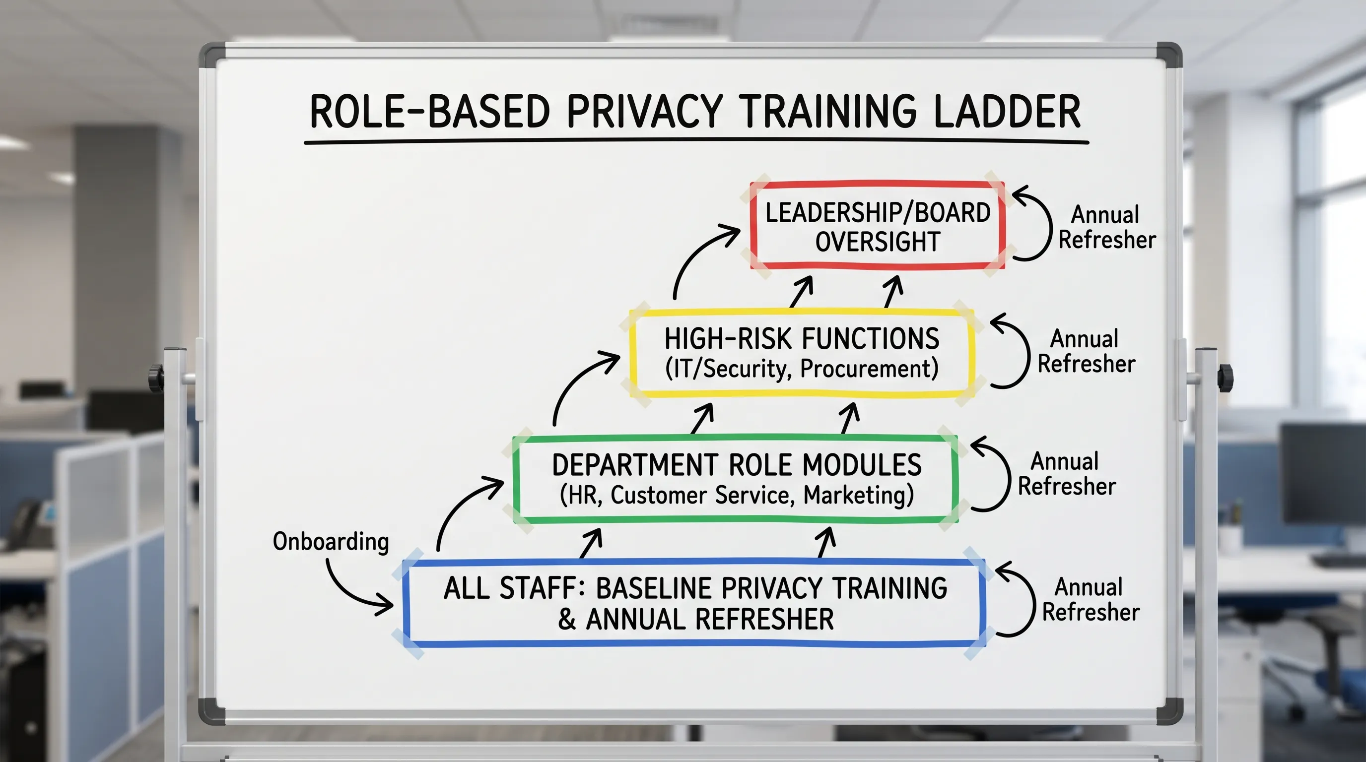 A simple diagram showing a role-based privacy training ladder with four tiers: All Staff baseline, Department role modules (HR, Customer Service, Marketing), High-risk functions (IT/Security, Procurement), and Leadership/Board oversight, with arrows ...