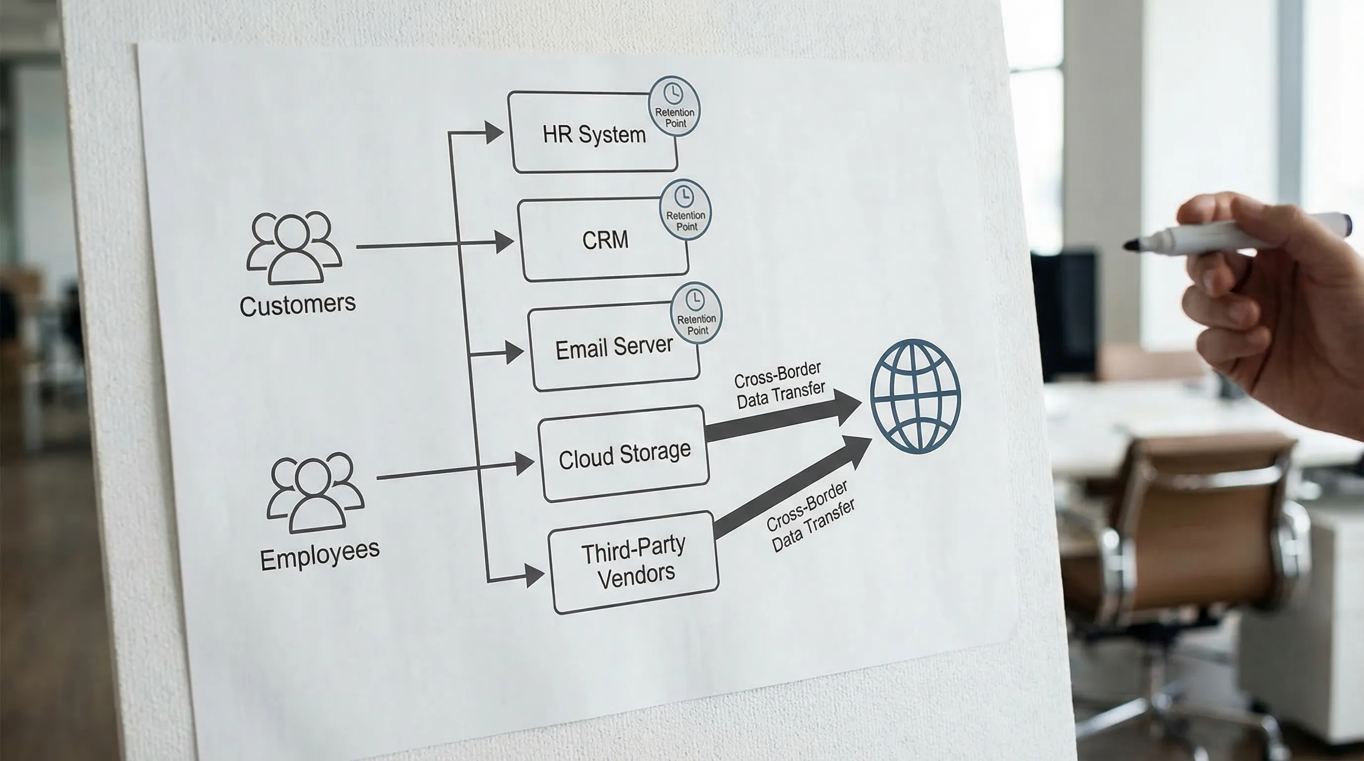 A simplified data flow diagram showing personal data moving from customers and employees into core systems like HR, CRM, email, cloud storage, and third-party vendors, with arrows indicating cross-border transfers and retention points.