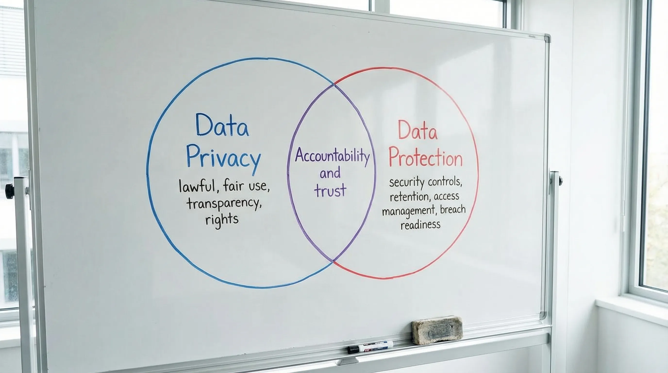 A simple two-circle Venn diagram showing “Data Privacy” (lawful, fair use, transparency, rights) and “Data Protection” (security controls, retention, access management, breach readiness) with an overlap labelled “Accountability and trust”.