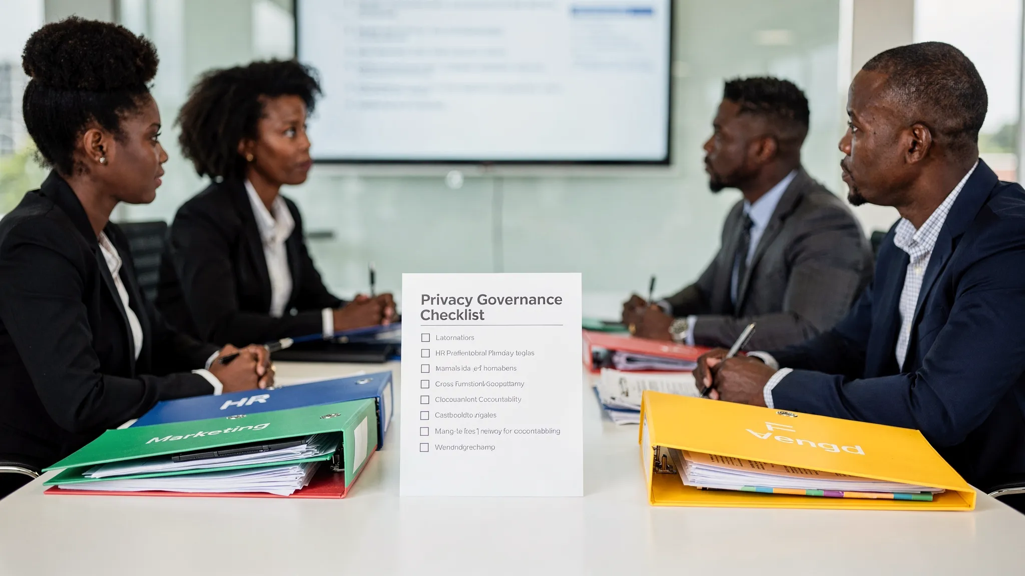 A Jamaican business team in a meeting room reviewing a simple privacy governance checklist on paper, with labelled folders for HR, Marketing, IT, and Vendors on the table, representing cross-functional accountability for data protection.