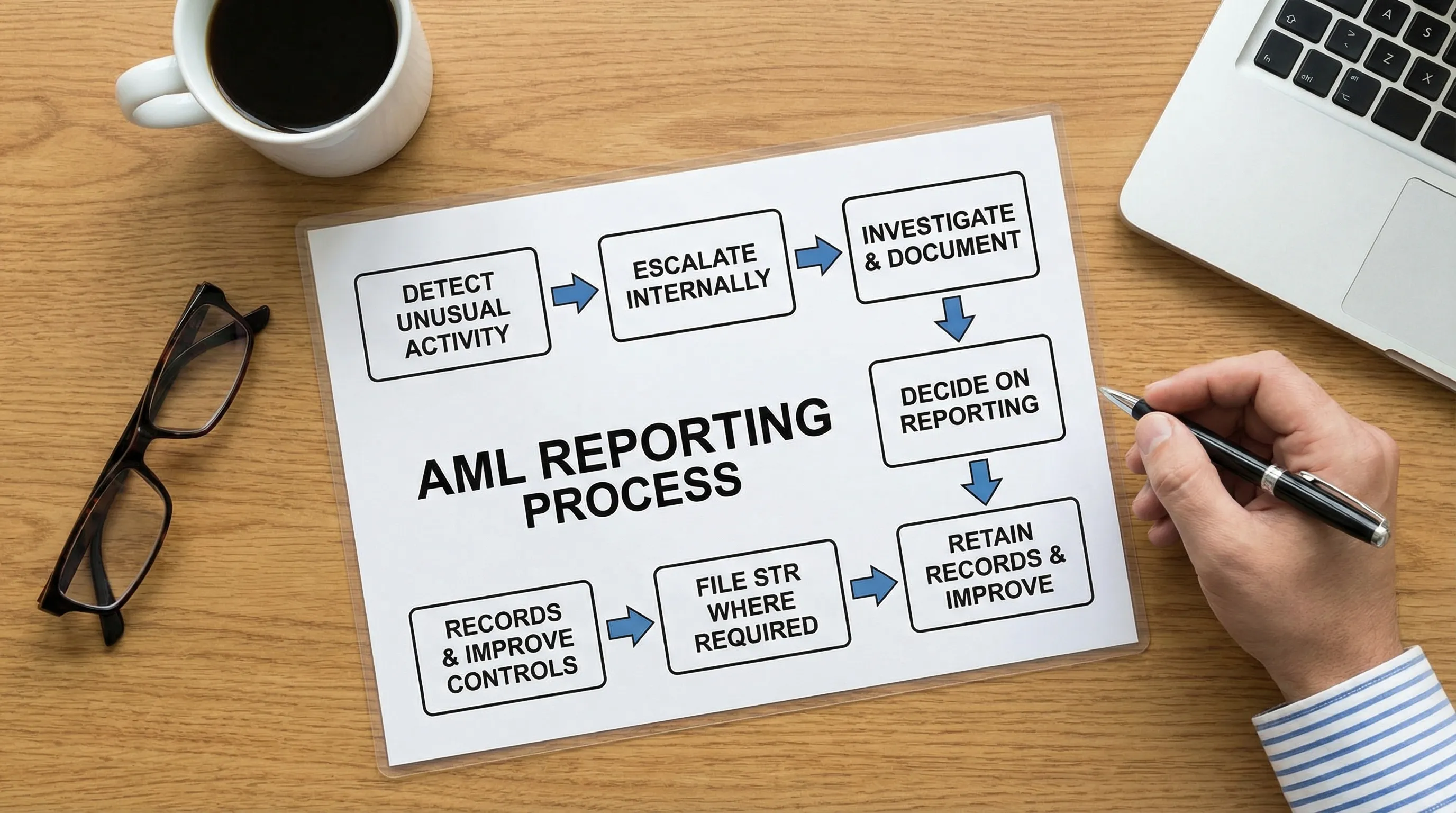 A simple flowchart showing AML reporting steps: detect unusual activity, escalate internally, investigate and document, decide, file STR where required, then retain records and improve controls.