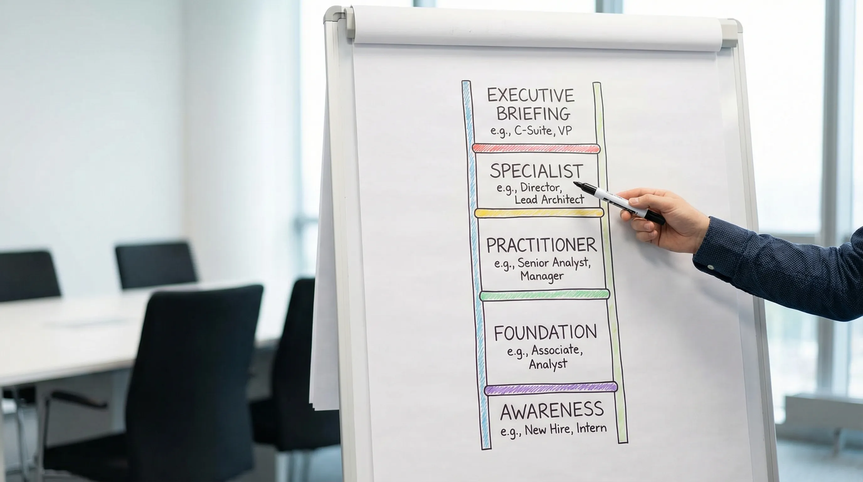 A simple diagram showing a training ladder with five steps labeled Awareness, Foundation, Practitioner, Specialist, and Executive briefing, with examples of roles under each step.