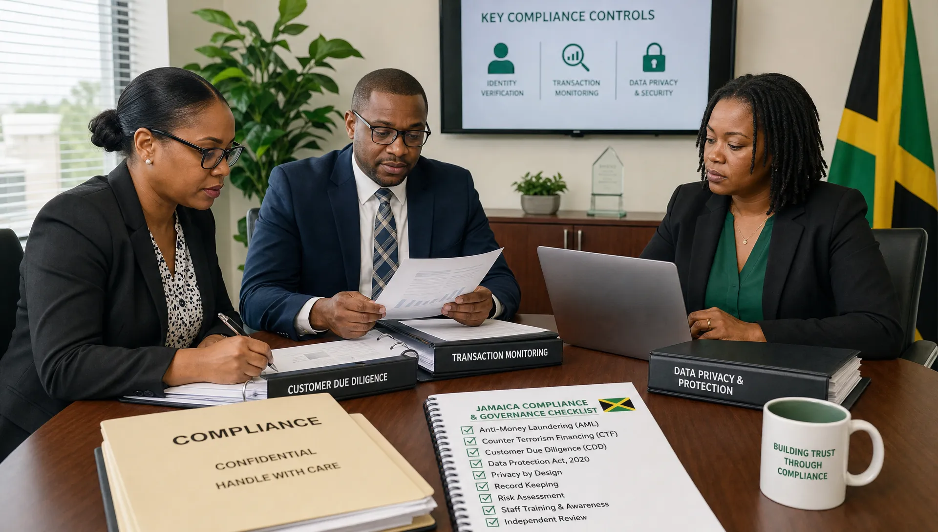 Compliance professionals reviewing identity verification, transaction monitoring, and privacy controls at a meeting table with secure document folders and a Jamaica-focused governance checklist.