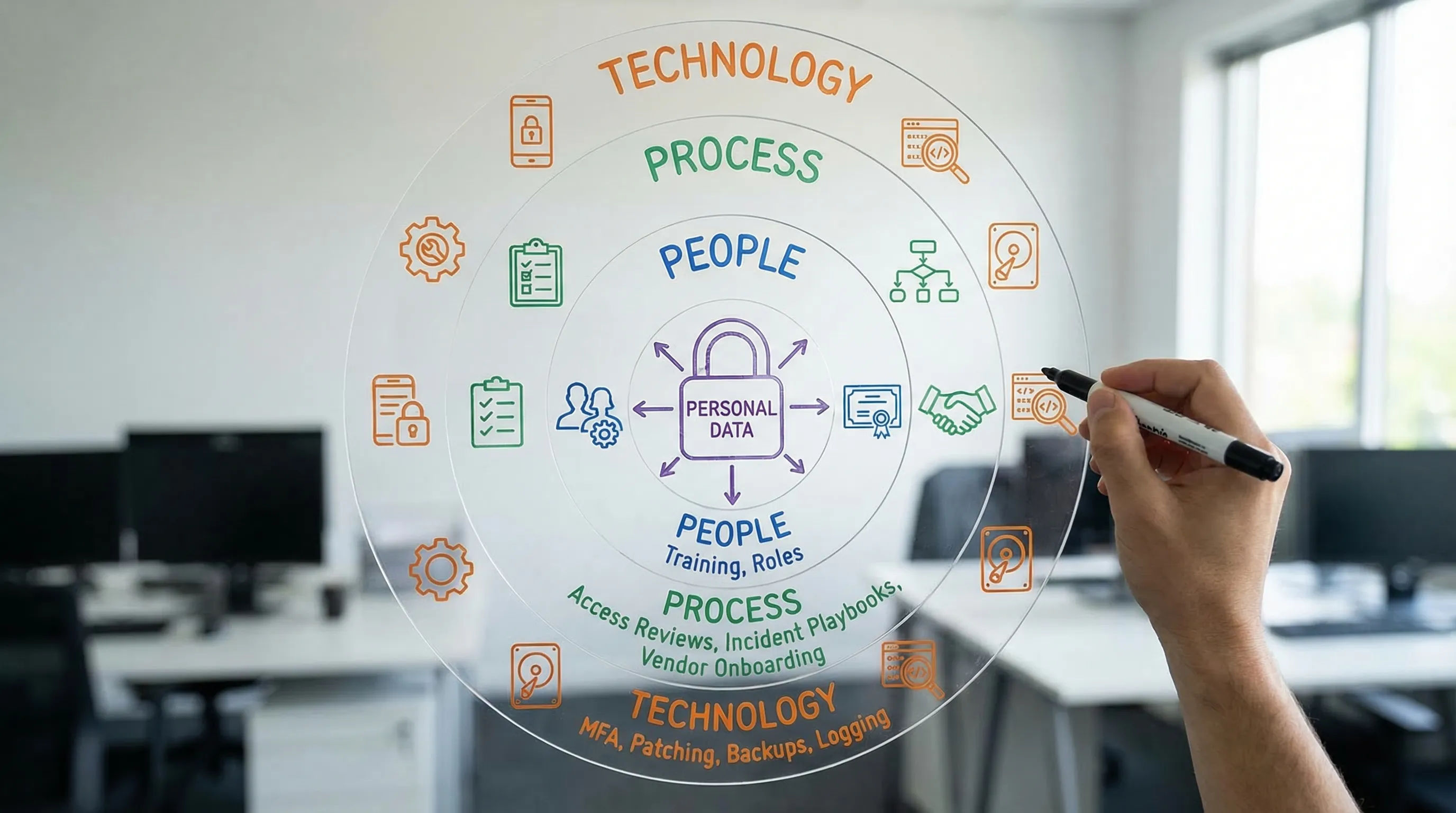 A layered “defence in depth” visual showing three layers: People (training, roles), Process (access reviews, incident playbooks, vendor onboarding), Technology (MFA, patching, backups, logging). In the centre is “personal data” with arrows pointing o...