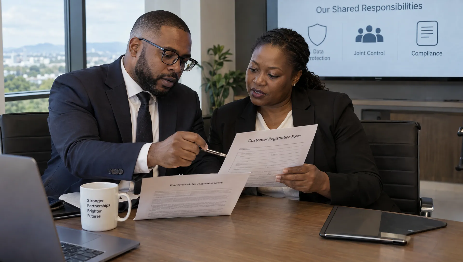 Two business representatives review a shared customer registration form and partnership agreement while discussing responsibilities for jointly controlled data.