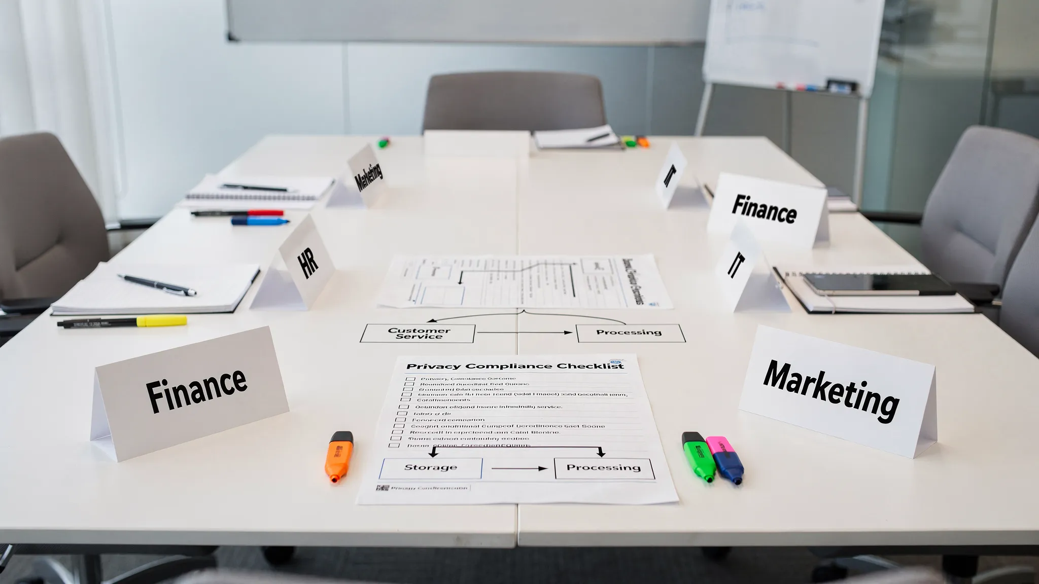A workplace training table with role cards for HR, IT, customer service, finance, marketing, and leadership arranged around a privacy compliance checklist and personal data flow diagram.