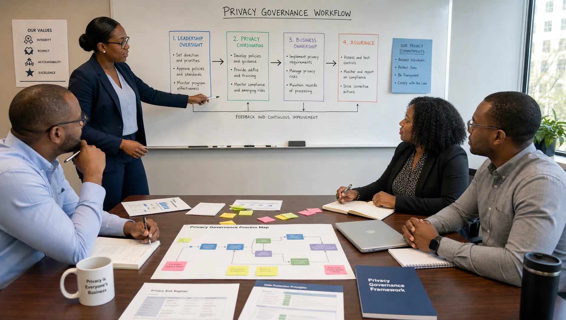 A small management team in a meeting room reviewing a privacy governance workflow on a whiteboard, with sections for leadership oversight, privacy coordination, business ownership, and assurance. Documents, sticky notes, and printed process maps are ...