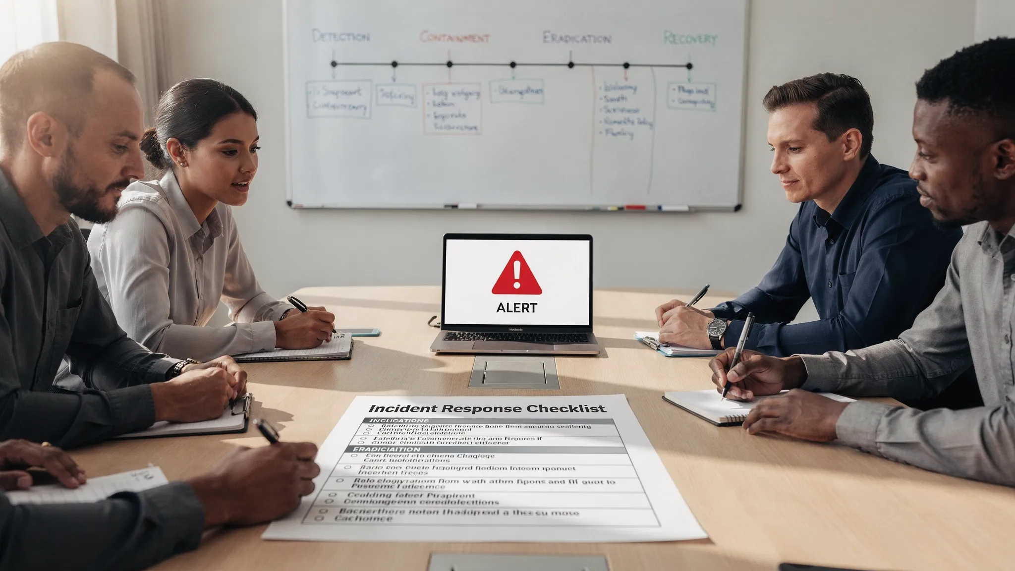 A tabletop incident response meeting scene with a small team reviewing a printed incident checklist, a timeline on a whiteboard, and a laptop showing a generic alert icon (screen facing the viewer).