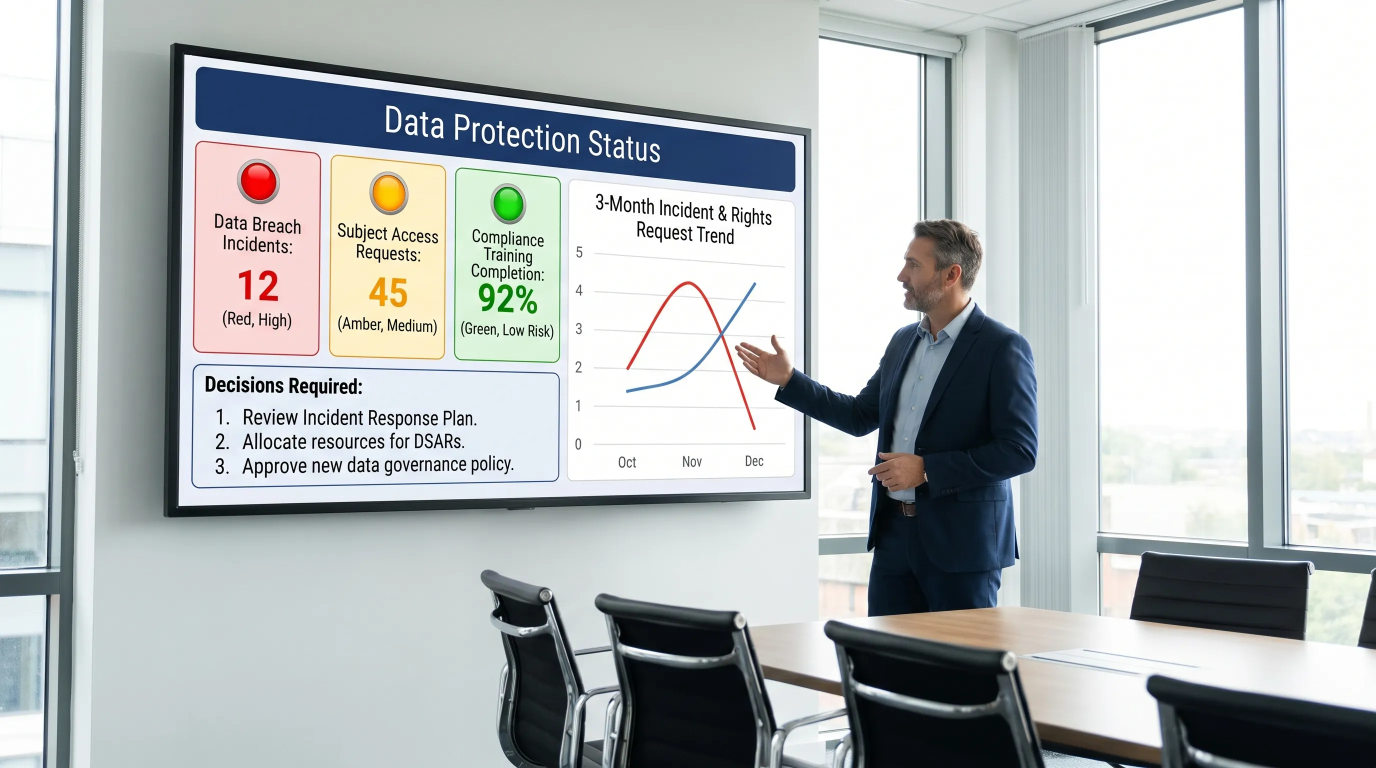 A board-level data protection dashboard mock-up showing a small set of KPIs with red/amber/green status, a 3-month trend line for incidents and rights requests, and a short “Decisions required” box.