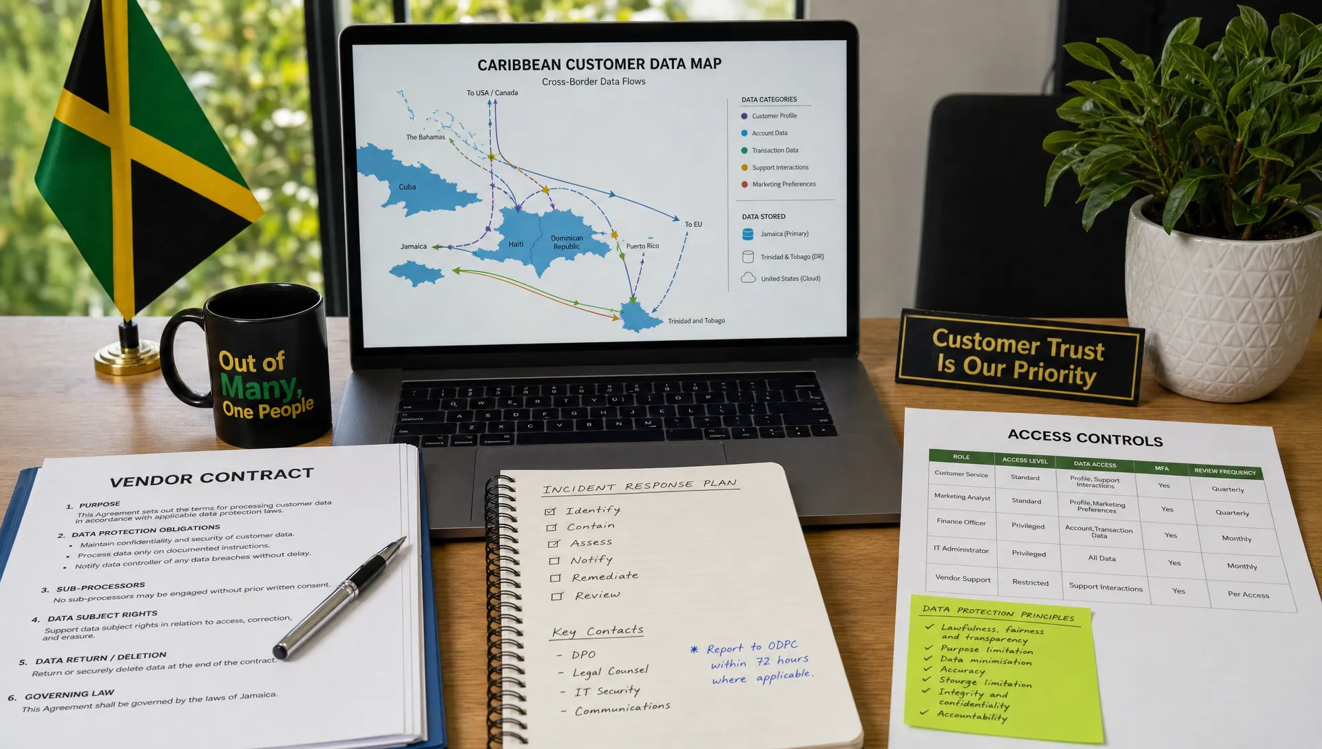 A Caribbean desk setup shows a regional data map, vendor contracts, access controls, and incident response notes for cross-border customer data.