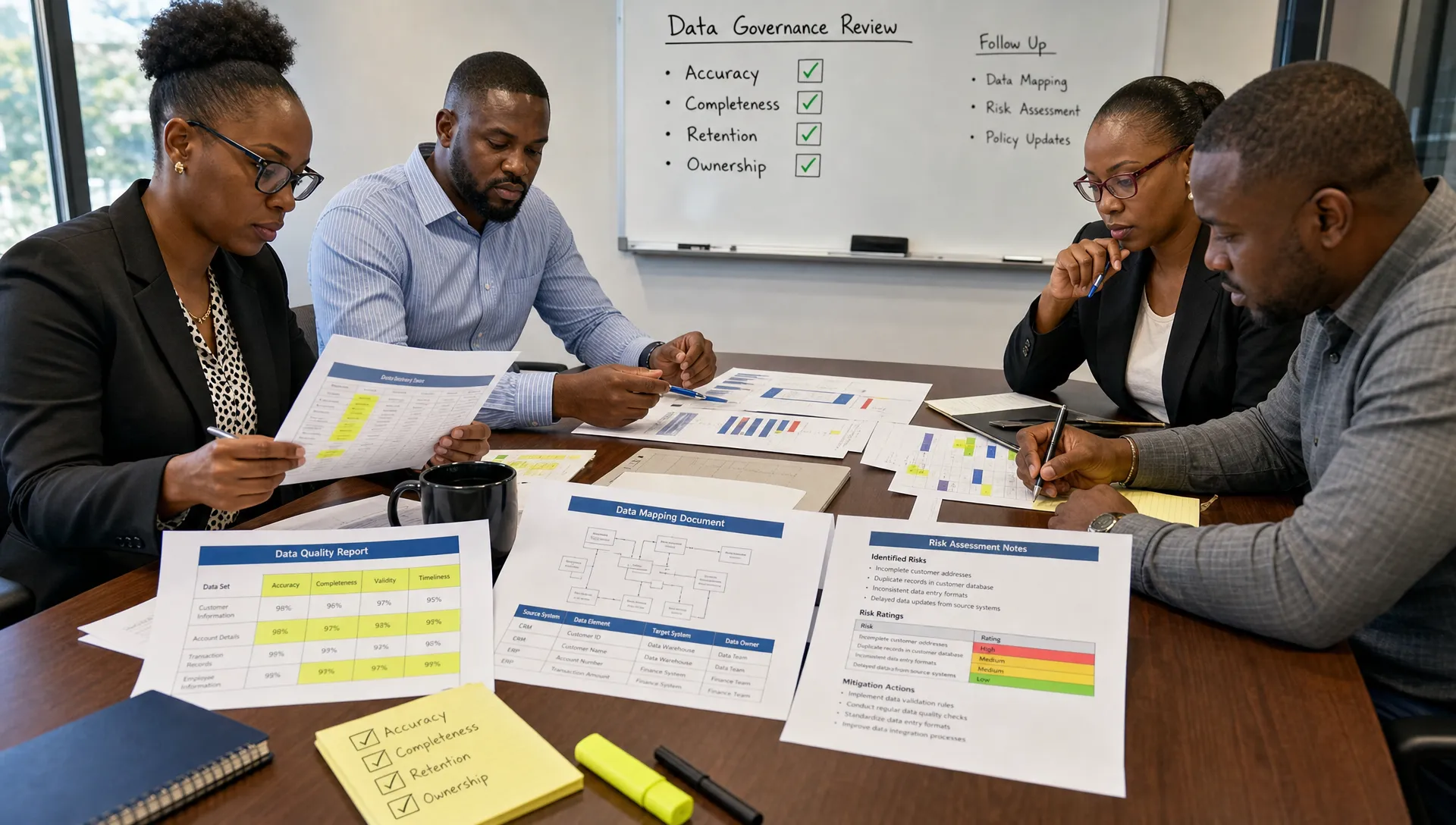 A compliance team reviews printed data quality reports, data mapping documents, and risk notes on a meeting table with highlighted checks for accuracy, completeness, retention, and ownership.