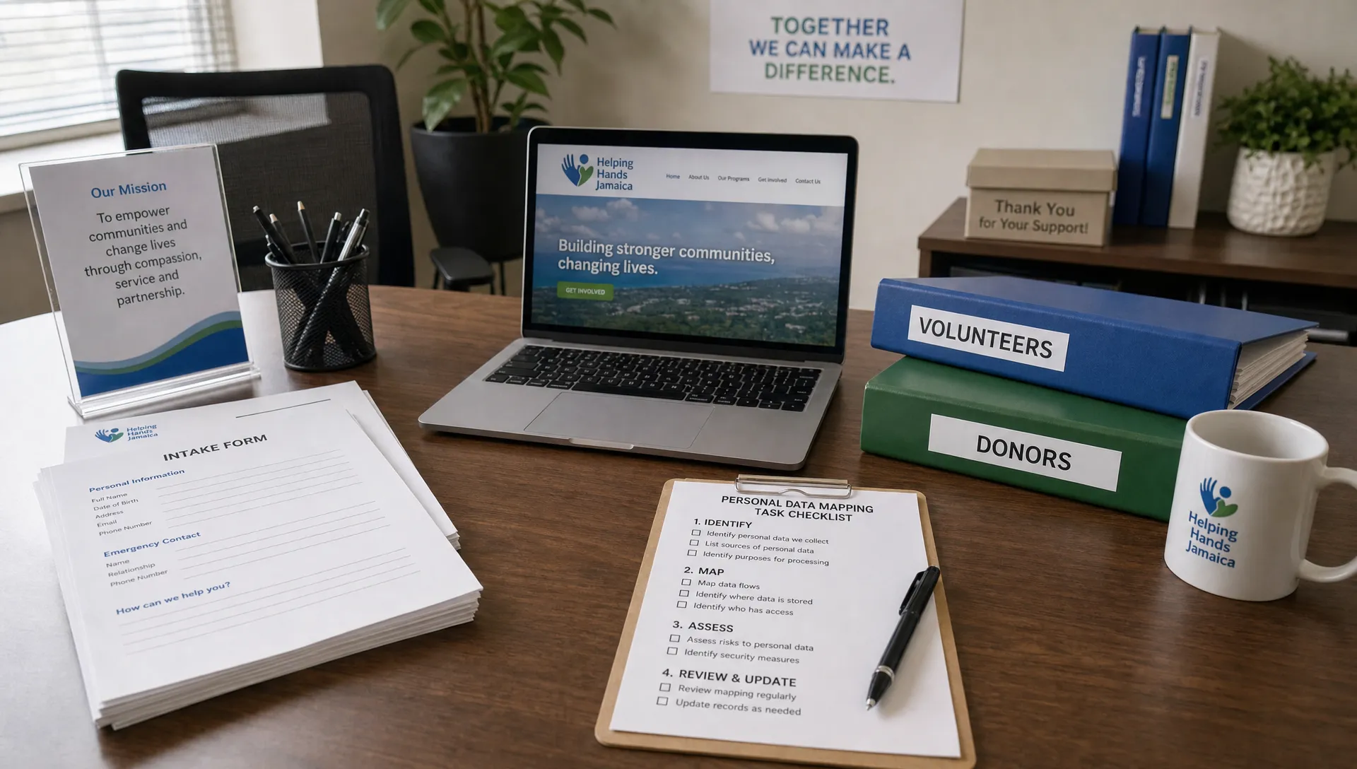 A nonprofit office table with intake forms, a laptop, donor and volunteer folders, and a checklist for mapping personal data tasks.