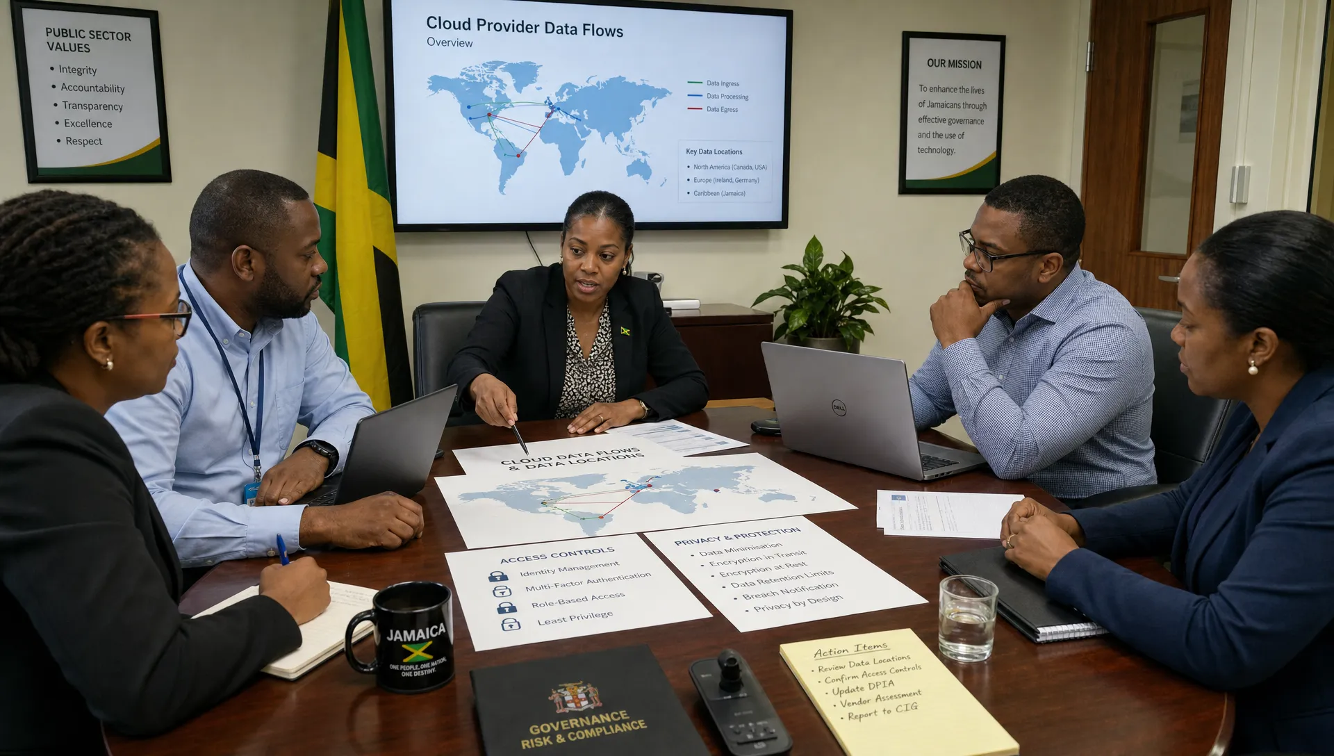 A Jamaican governance and IT team reviews cloud provider data flows at a meeting table, with data locations, access controls, and privacy notes spread out.