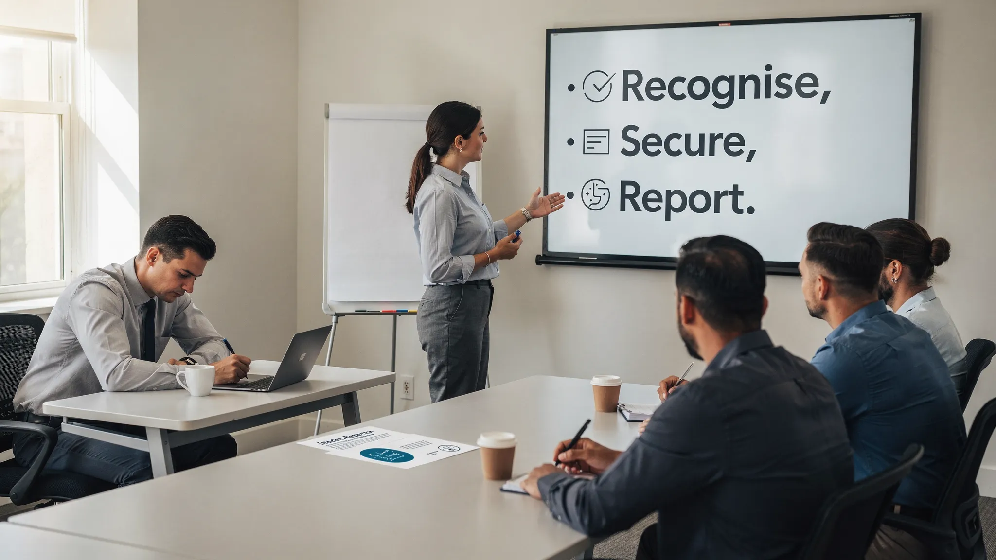A training and workflow scene showing a facilitator leading a small in-person workshop with employees, a wall board with three steps “Recognise, Secure, Report,” and a separate table where a participant reviews a one-page incident reporting card.