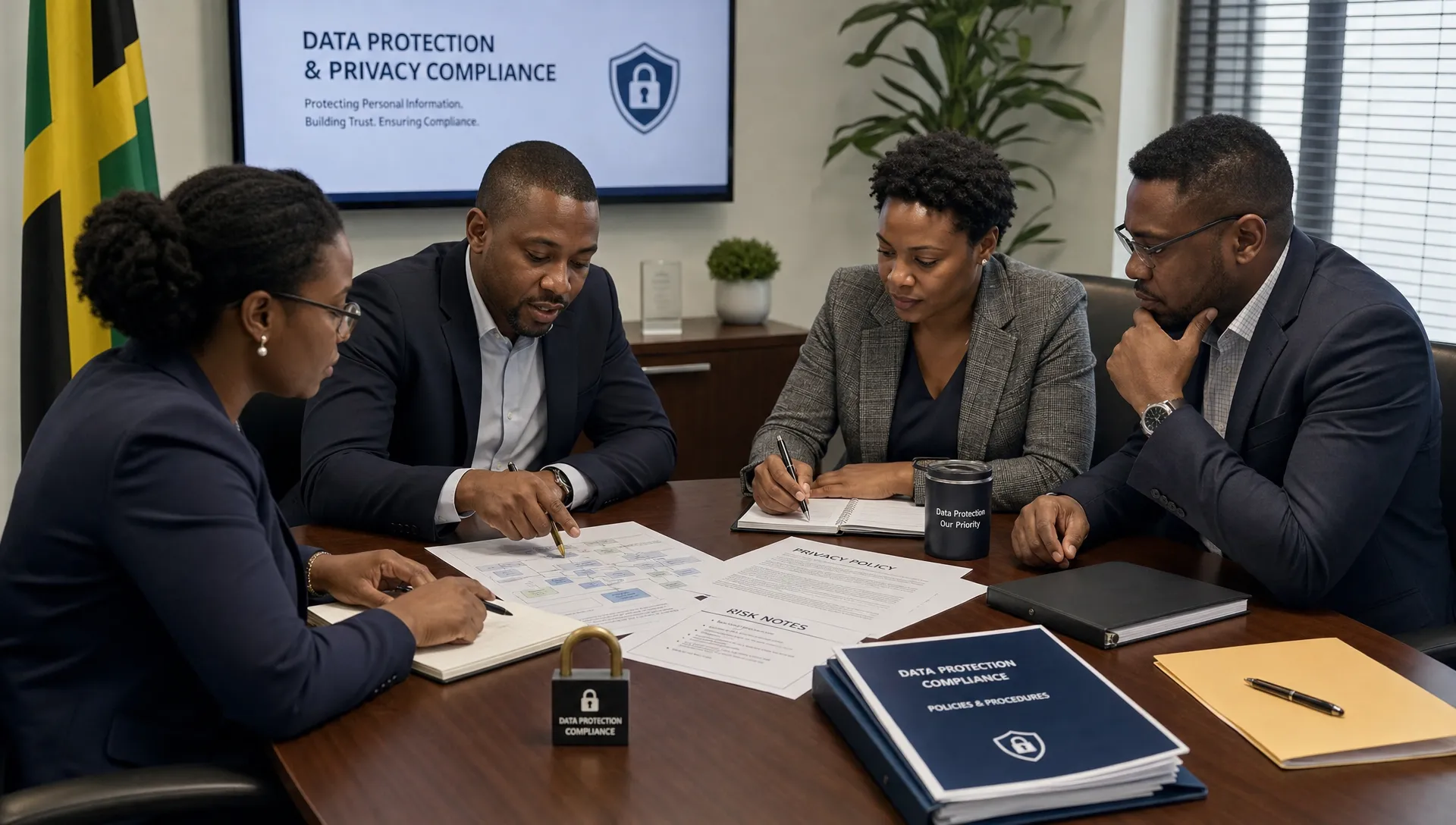 A Jamaican business team reviewing printed data flow maps, privacy policies, and risk notes on a boardroom table, with folders, pens, and a small lock symbol representing data protection compliance.
