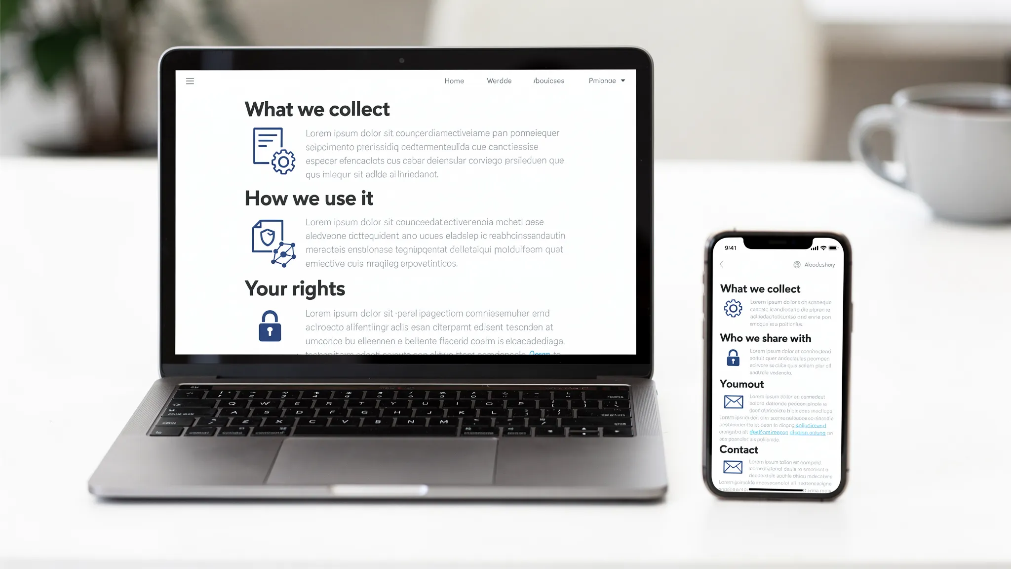 A modern website privacy policy page shown on a laptop and phone, with clear section headings like “What we collect”, “How we use it”, “Who we share with”, “Your rights”, and “Contact”, plus simple privacy icons next to each section.