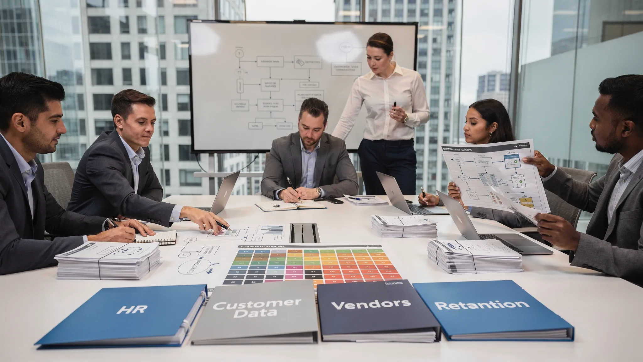 A compliance and operations team in a meeting room reviewing printed data flow maps and a risk scoring table, with folders labeled HR, Customer Data, Vendors, and Retention.
