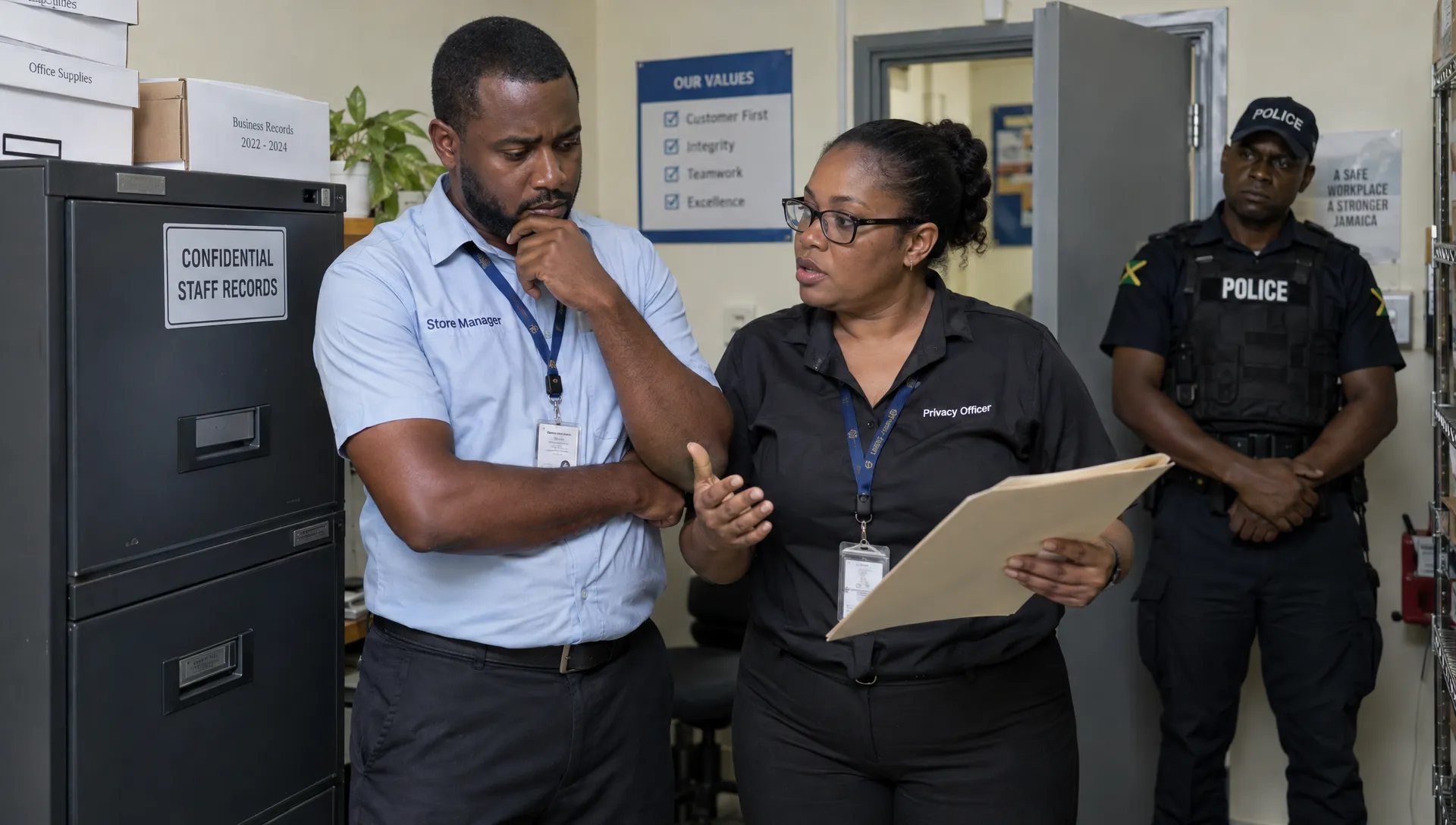 A Jamaican retail manager and privacy officer discuss how to handle a police request beside a secured file cabinet in the shop's back office.