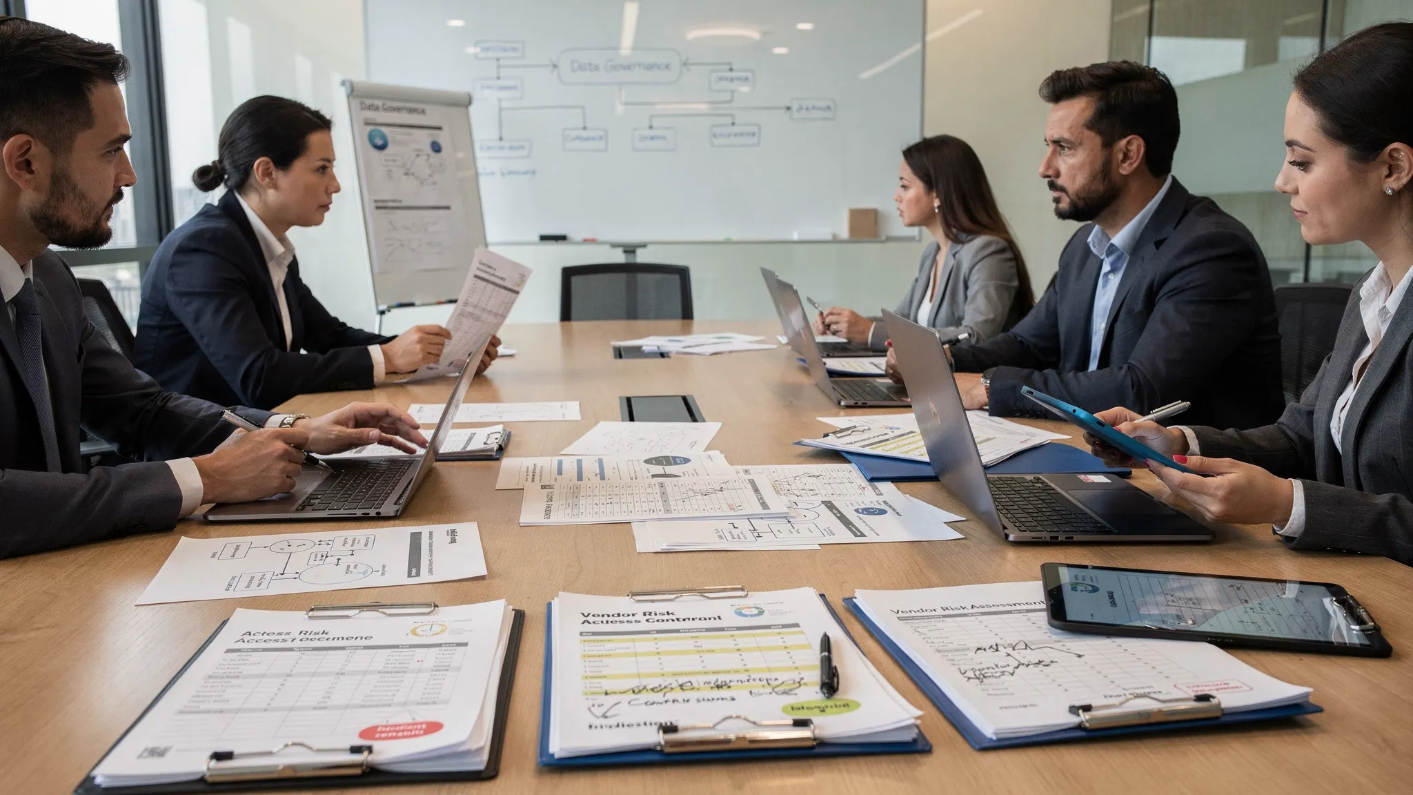A privacy and compliance team reviewing data flow documents, access controls, vendor files, and incident response notes on a meeting table.