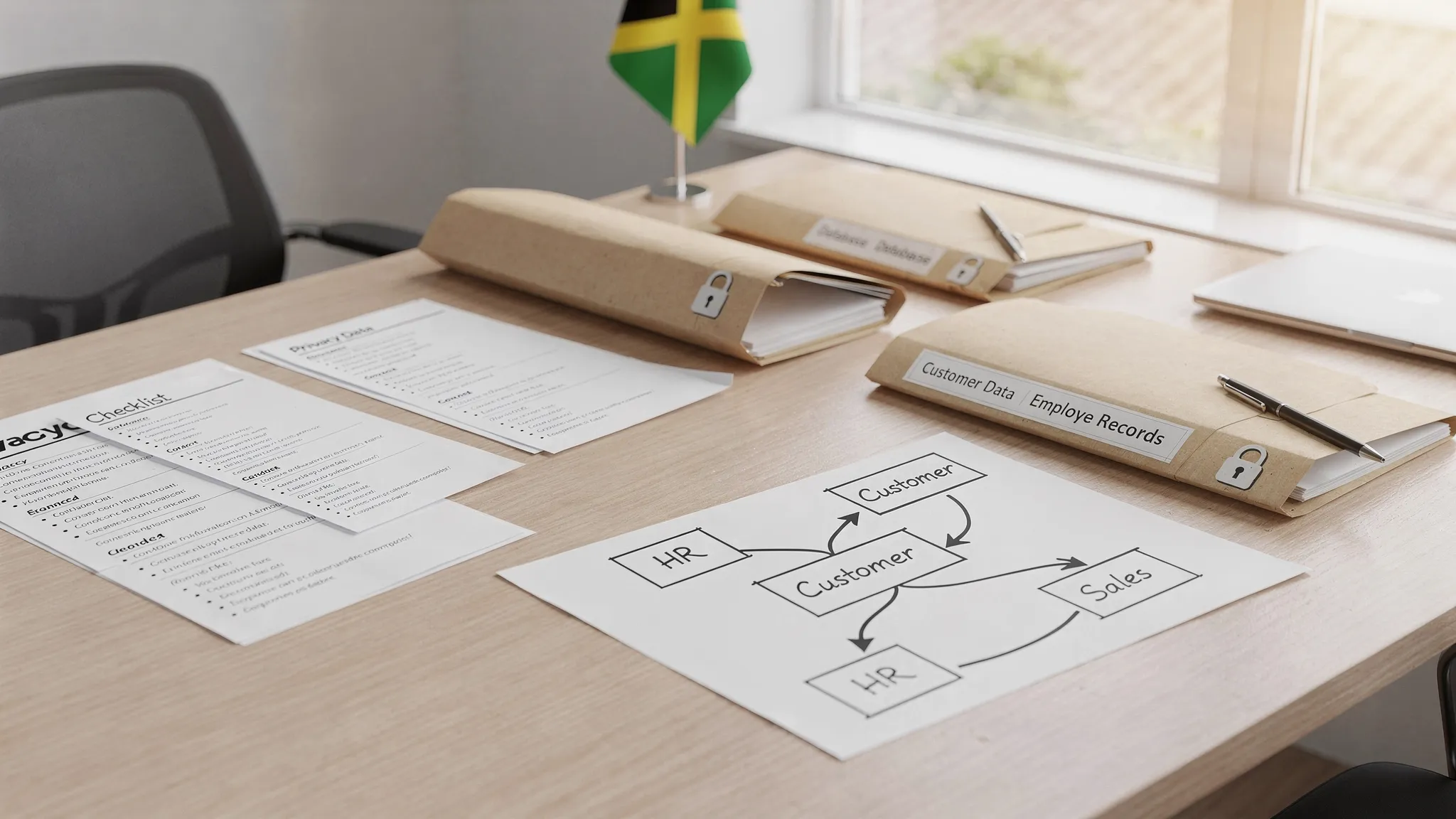 A Jamaican office table with printed privacy checklists, locked folders, and a simple data flow map showing how customer and employee information moves through an organisation.