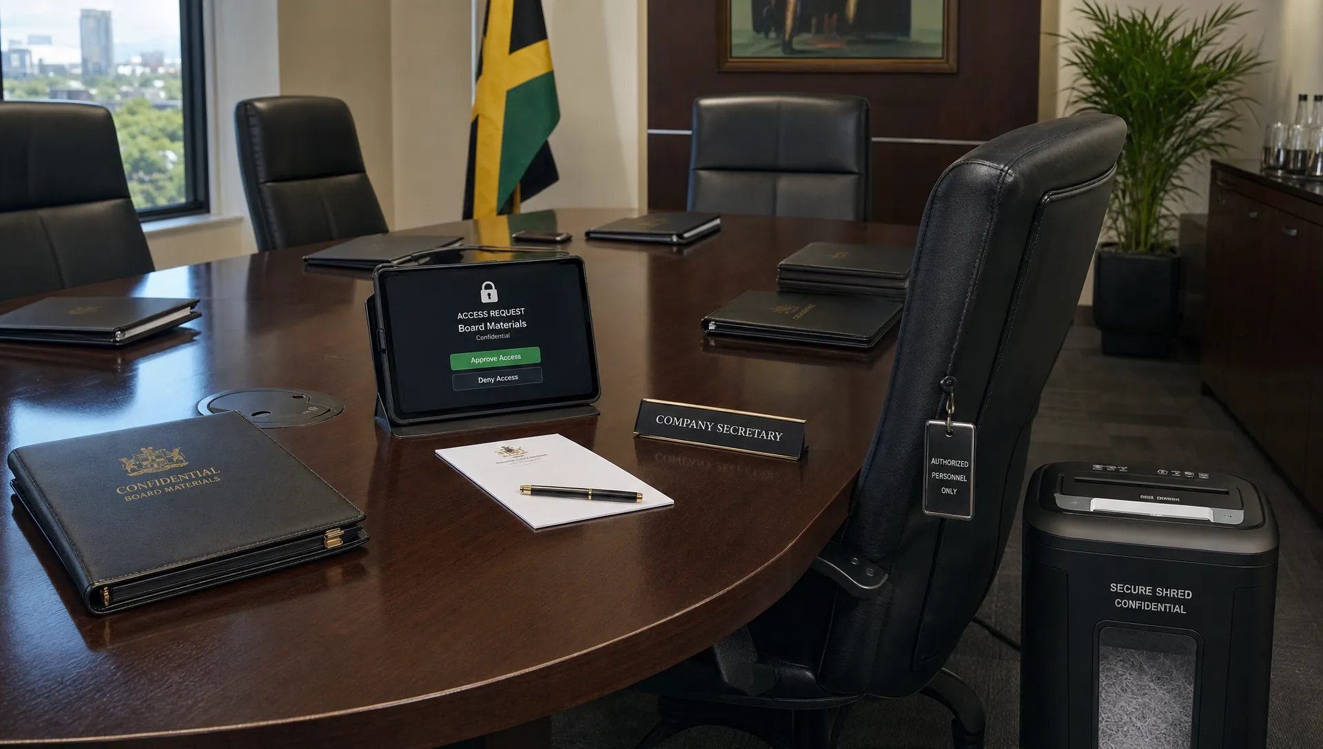 A secure boardroom table holds confidential folders, a locked tablet with an access approval screen, and a small shred bin beside the company secretary's chair.
