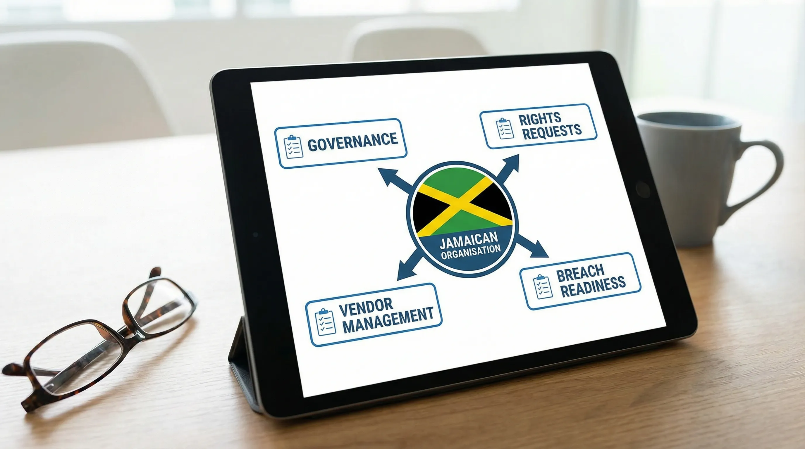A simple compliance snapshot graphic showing a Jamaican organisation at the centre connected to four labelled areas: governance, rights requests, vendor management, and breach readiness.