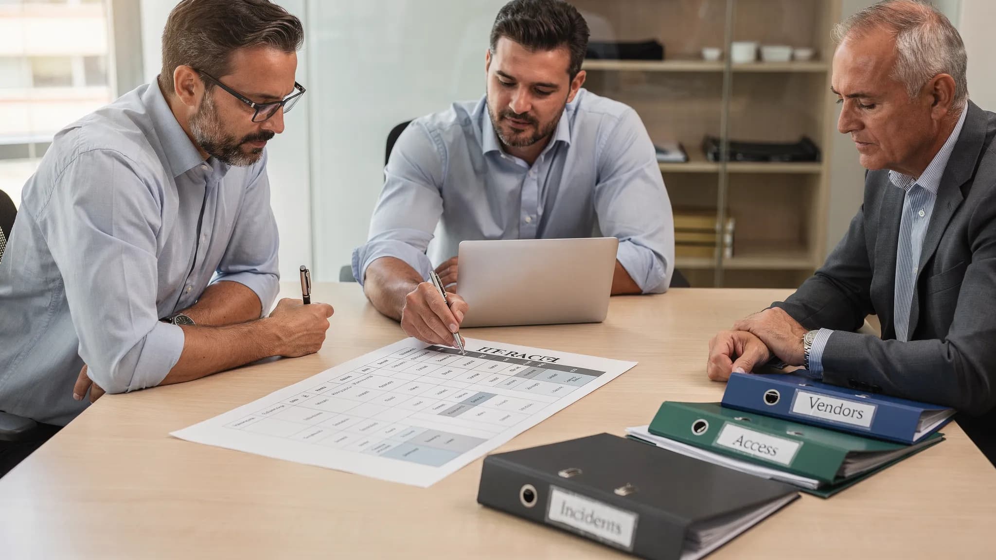 A simple office scene with a privacy lead, an IT security lead, and a business manager reviewing a printed RACI chart on a table, with folders labeled “Vendors”, “Access”, and “Incidents”.