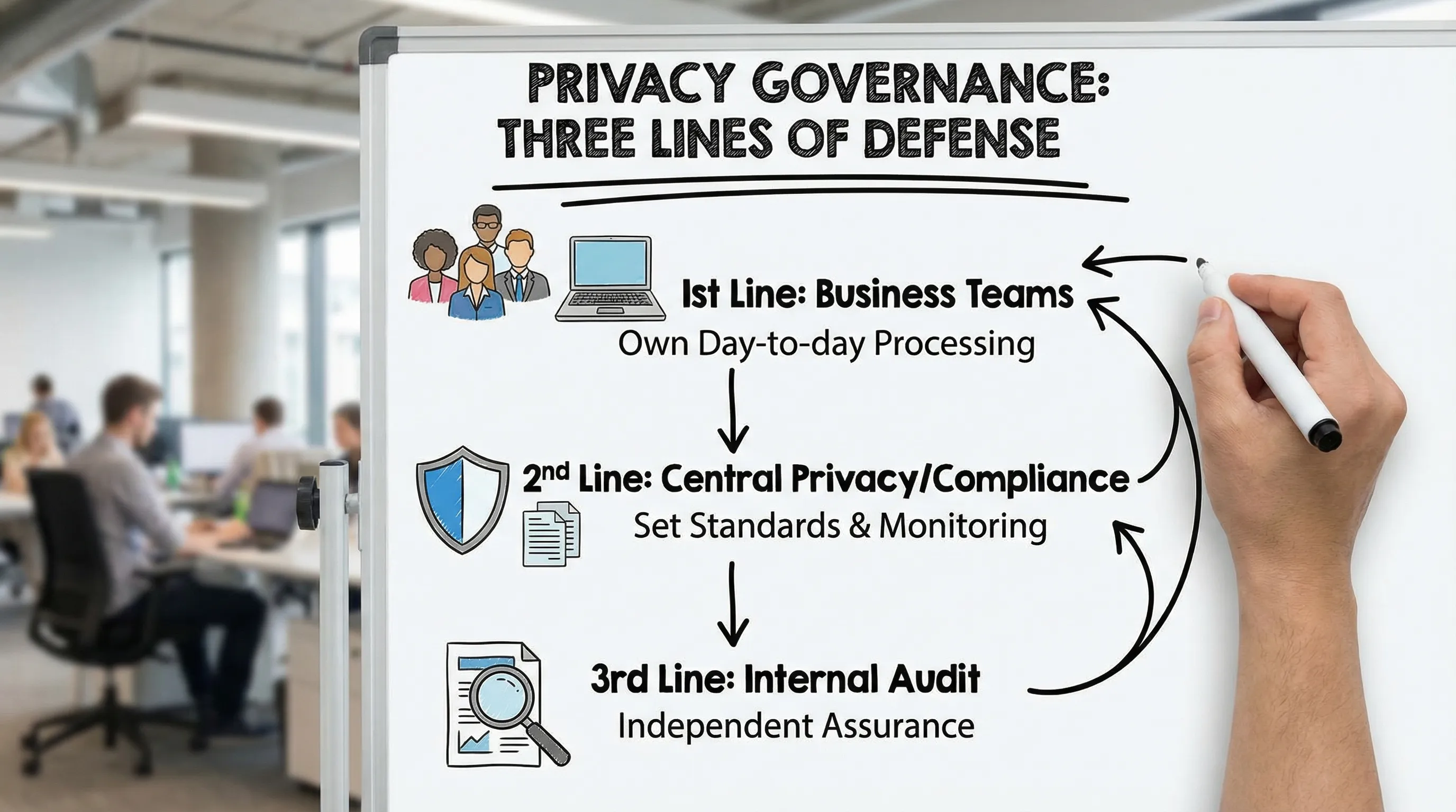 A simple diagram showing privacy governance using the “three lines of defence”: business teams owning day-to-day processing, a central privacy/compliance function setting standards and monitoring, and internal audit providing independent assurance.