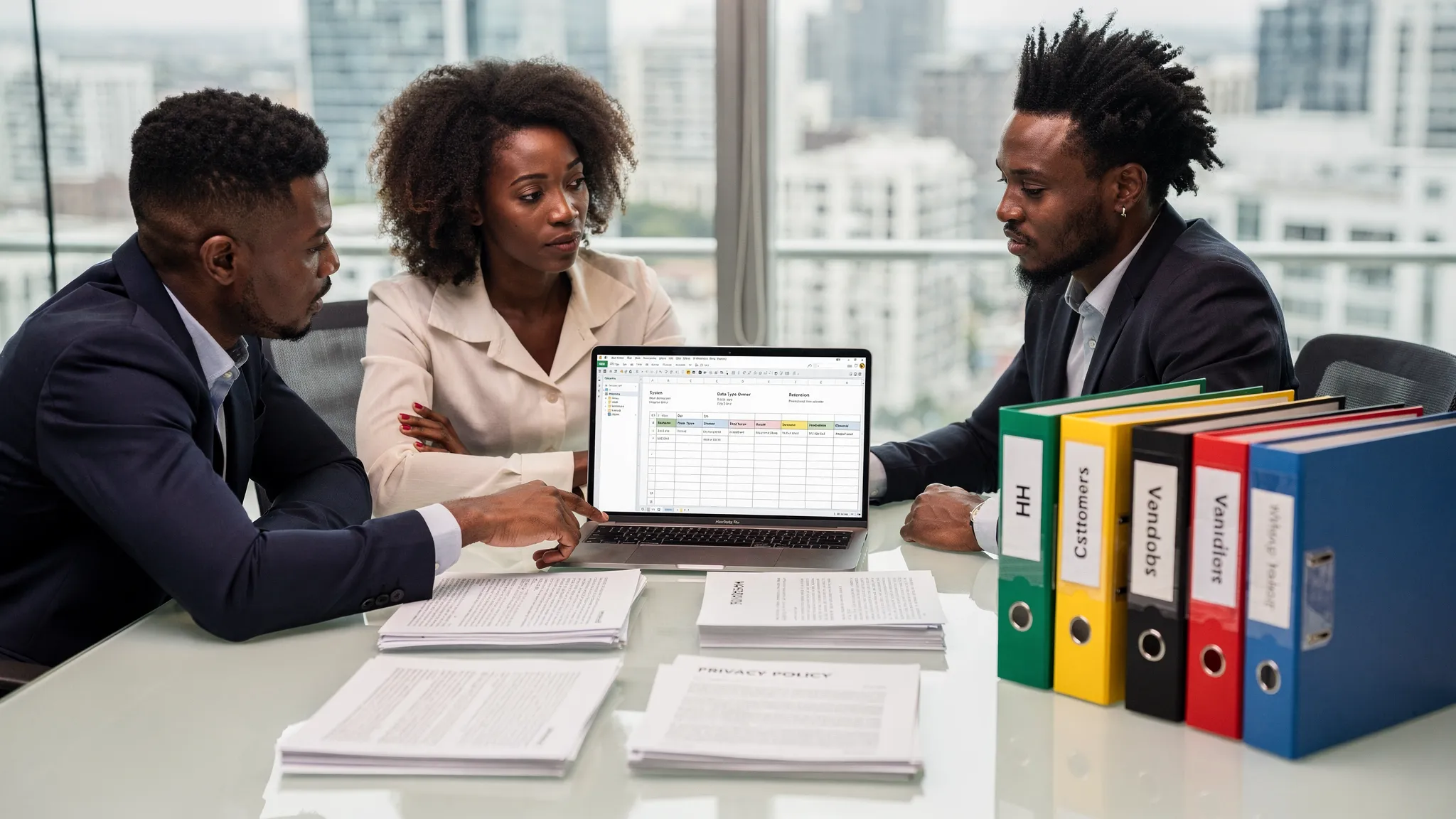 A Jamaican business team reviewing printed privacy documents, a laptop with a simple data inventory spreadsheet facing the team, and secure folders labelled HR, customers, vendors, and retention on a conference table.